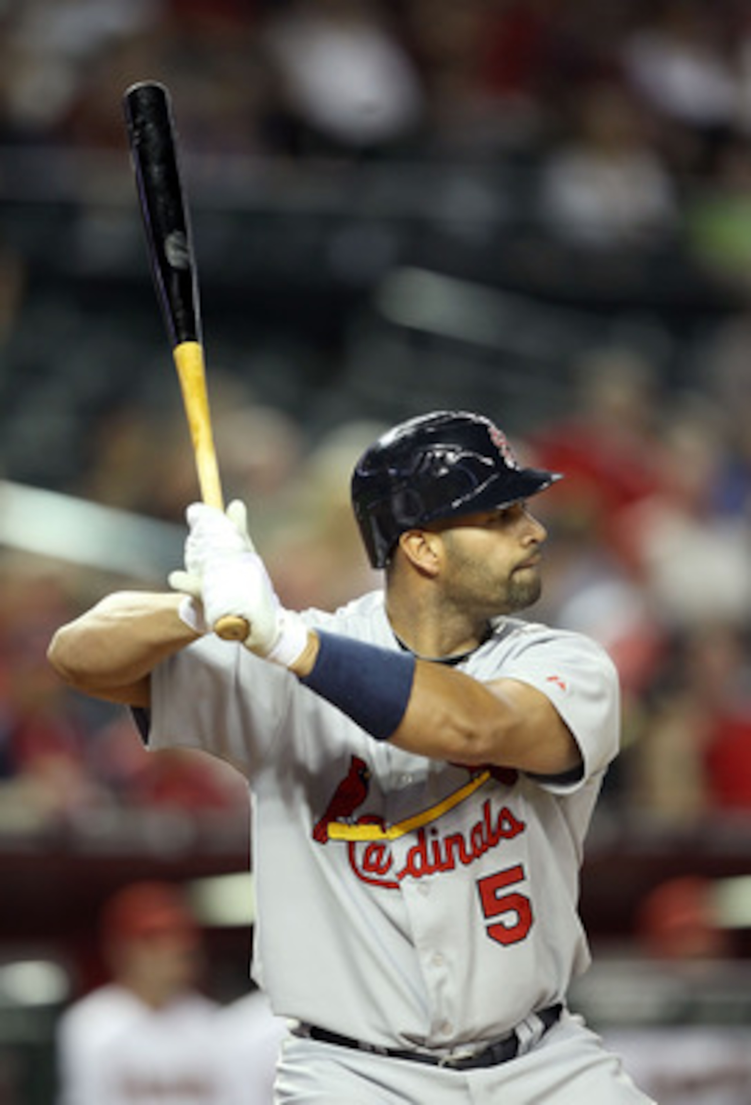 PHOENIX, AZ - APRIL 12:  Albert Pujols #5 of the St. Louis Cardinals at bat during the Major League Baseball game against the Arizona Diamondbacks at Chase Field on April 12, 2011 in Phoenix, Arizona. The Diamondbacks defeated the Cardinals 13-8.  (Photo