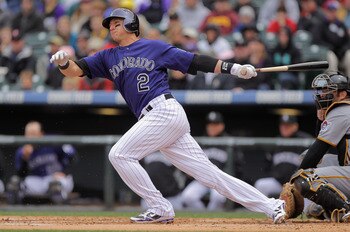 DENVER, CO - MAY 01:  Shortstop Troy Tulowitzki #2 of the Colorado Rockies takes an at bat against the Pittsburgh Pirates at Coors Field on May 1, 2011 in Denver, Colorado. The Pirates defeated the Rockies 8-4.  (Photo by Doug Pensinger/Getty Images)
