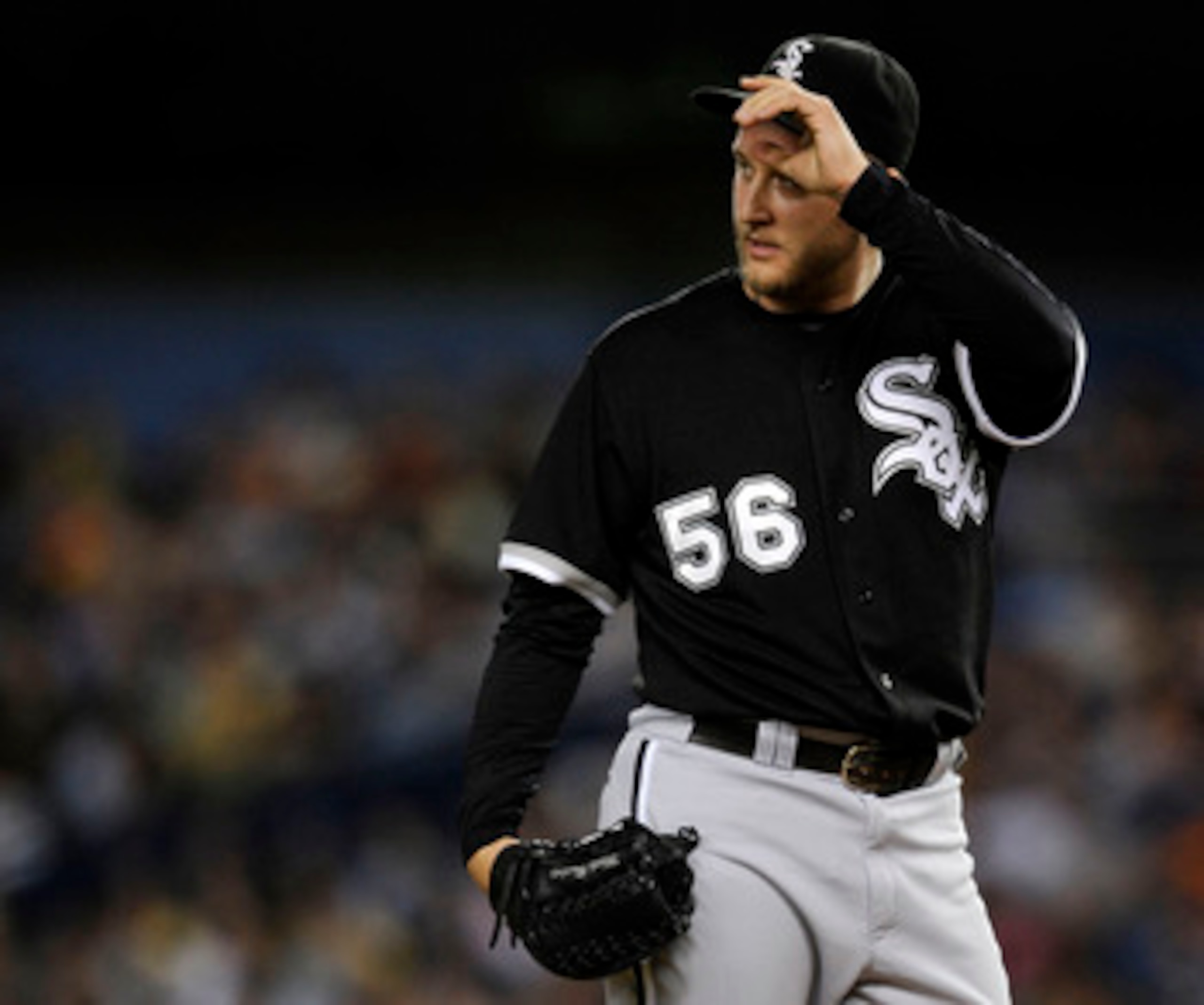 NEW YORK - SEPTEMBER 15: Mark Buehrle #56 of the Chicago White Sox reacts in the second inning against  the New York Yankees on September 15, 2008 at Yankee Stadium in the Bronx borough of New York City.  (Photo by Jeff Zelevansky/Getty Images)