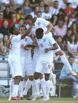 BARCELOS, PORTUGAL - SEPTEMBER 03:  Daniel Sturridge of England celebrates with Jordan his team-mates after scoring the first goal for England during the UEFA U21 Championship qualifying match between Portugal U21's and England U21's at Estadio Cidade de 