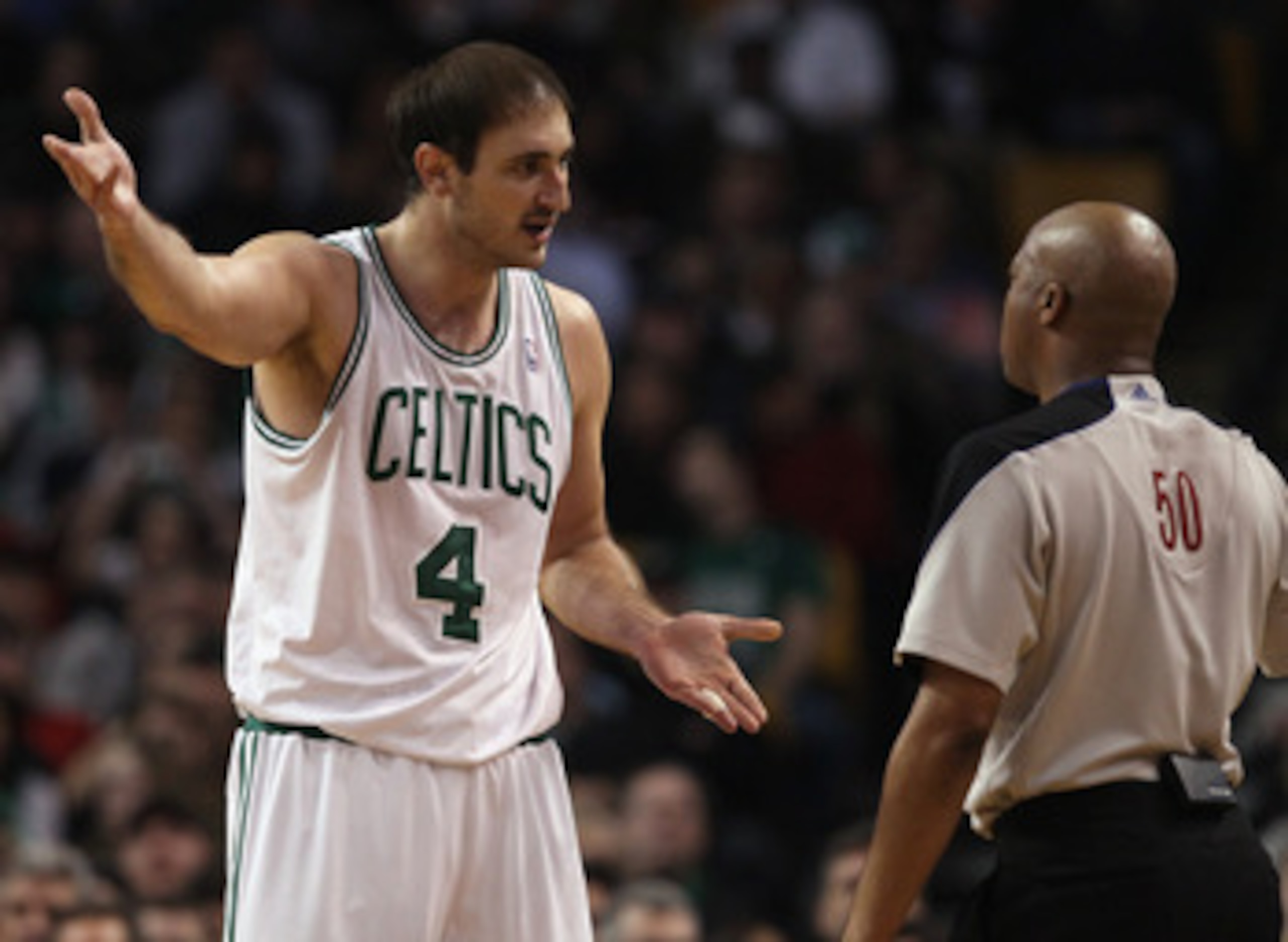BOSTON, MA - MARCH 23: Nenad Krstic #4 of the Boston Celtics tries to talk with a referee after a foul call against him in the second half against the Memphis Grizzlies on March 23, 2011 at the TD Garden in Boston, Massachusetts. The Memphis Grizzlies d BOSTON, MA - MARCH 23: Nenad Krstic #4 of the Boston Celtics tries to talk with a referee after a foul call against him in the second half against the Memphis Grizzlies on March 23, 2011 at the TD Garden in Boston, Massachusetts. The Memphis Grizzlies d