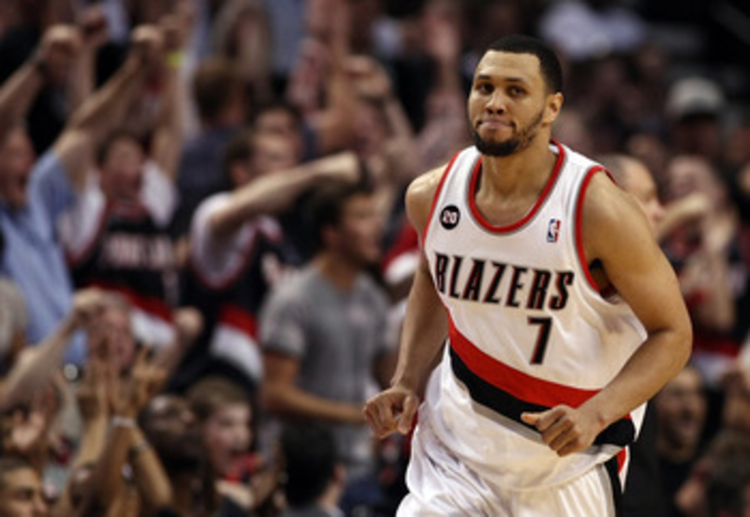PORTLAND, OR - APRIL 23:  Brandon Roy #7 of the Portland Trail Blazers runs down court after making a shot to overcome a 23 point deficit to defeat the the Dallas Mavericks 84-82 in Game Four of the Western Conference Quarterfinals in the 2011 NBA Playoff