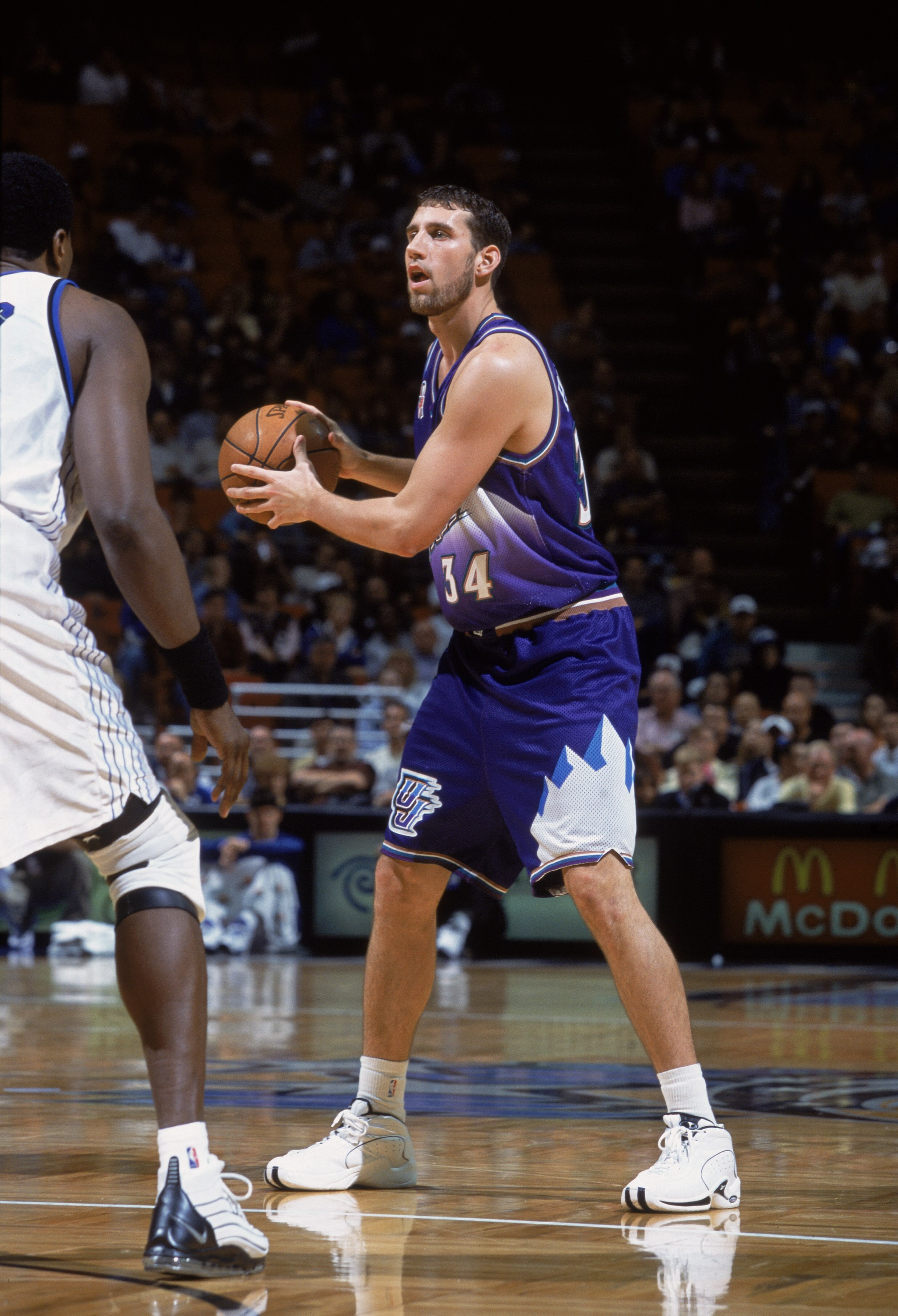 19 Dec 2001: Forward Scott Padgett #34 of the Utah Jazz holds the ball during the NBA game against the Orlando Magic at the TD Waterhouse Centre in Orlando, Florida. The Magic defeated the Jazz 98-90. Mandatory Credit: Andy Lyons/Getty Images 19 Dec 2001: Forward Scott Padgett #34 of the Utah Jazz holds the ball during the NBA game against the Orlando Magic at the TD Waterhouse Centre in Orlando, Florida. The Magic defeated the Jazz 98-90. Mandatory Credit: Andy Lyons/Getty Images