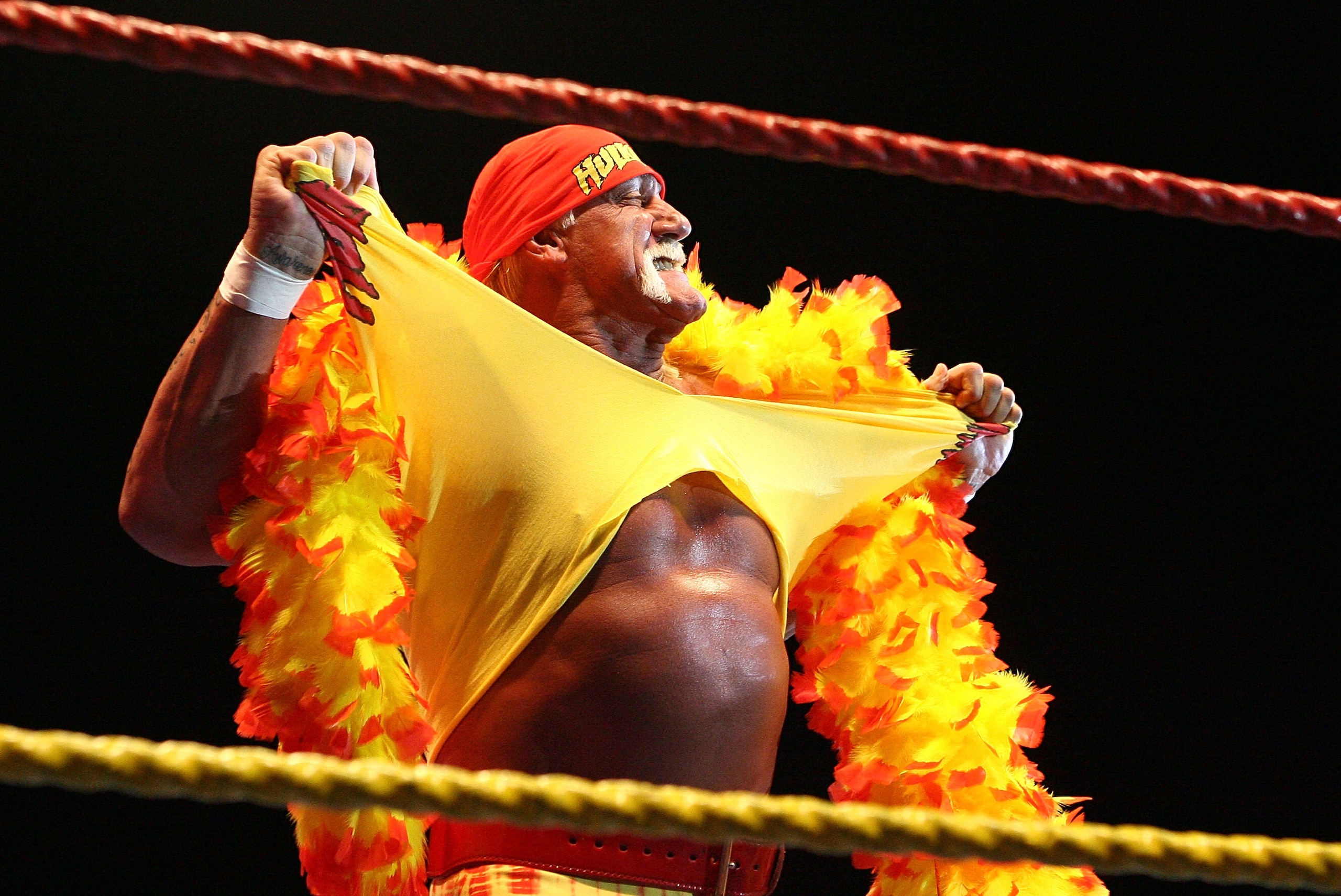 PERTH, AUSTRALIA - NOVEMBER 24:  Hulk Hogan rips his shirt prior to the bout against Rick Flair during his Hulkamania Tour at the Burswood Dome on November 24, 2009 in Perth, Australia.  (Photo by Paul Kane/Getty Images)