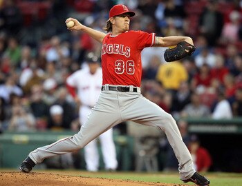 BOSTON, MA - MAY 02:  Jered Weaver #36 of the Los Angeles Angels delivers a pitch in the first inning against the Boston Red Sox on May 2, 2011 at Fenway Park in Boston, Massachusetts.  (Photo by Elsa/Getty Images)