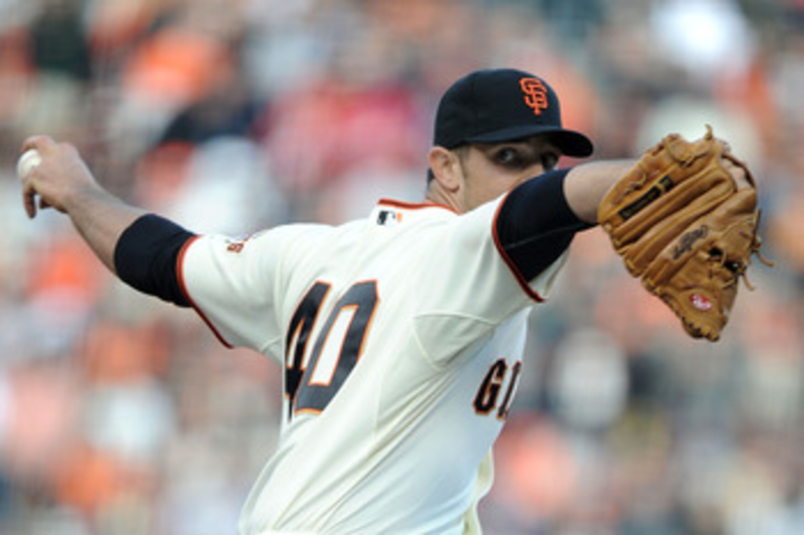 SAN FRANCISCO - OCTOBER 20:  Madison Bumgarner #40 of the San Francisco Giants pitches in the first inning against the San Francisco Giants in Game Four of the NLCS during the 2010 MLB Playoffs at AT&T Park on October 20, 2010 in San Francisco, California