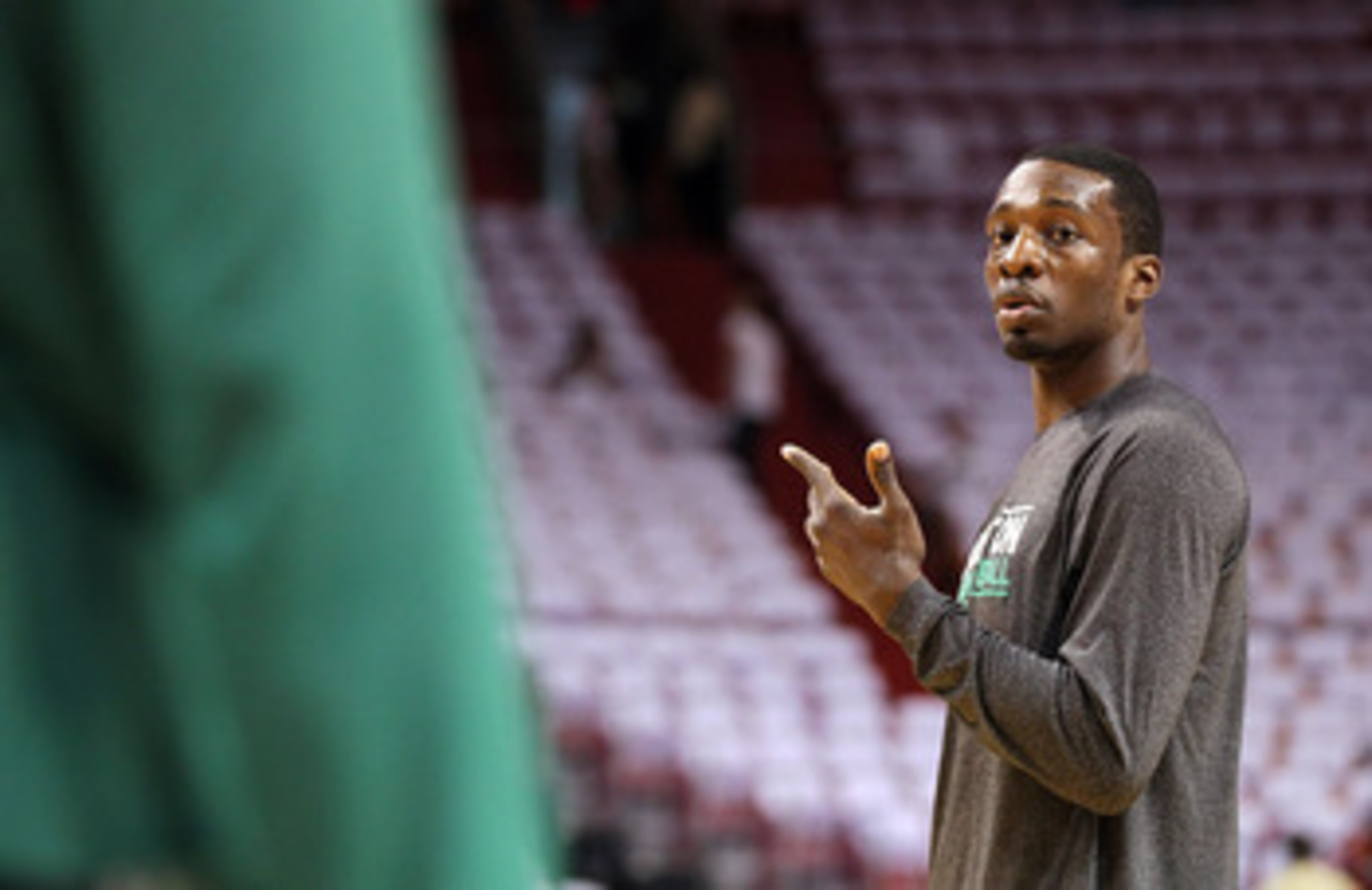 MIAMI, FL - MAY 03: Jeff Green #8 of the Boston Celtics warms up before Game Two of the Eastern Conference Semifinals of the 2011 NBA Playoffs against the Miami Heat at American Airlines Arena on May 3, 2011 in Miami, Florida. NOTE TO USER: User expressly