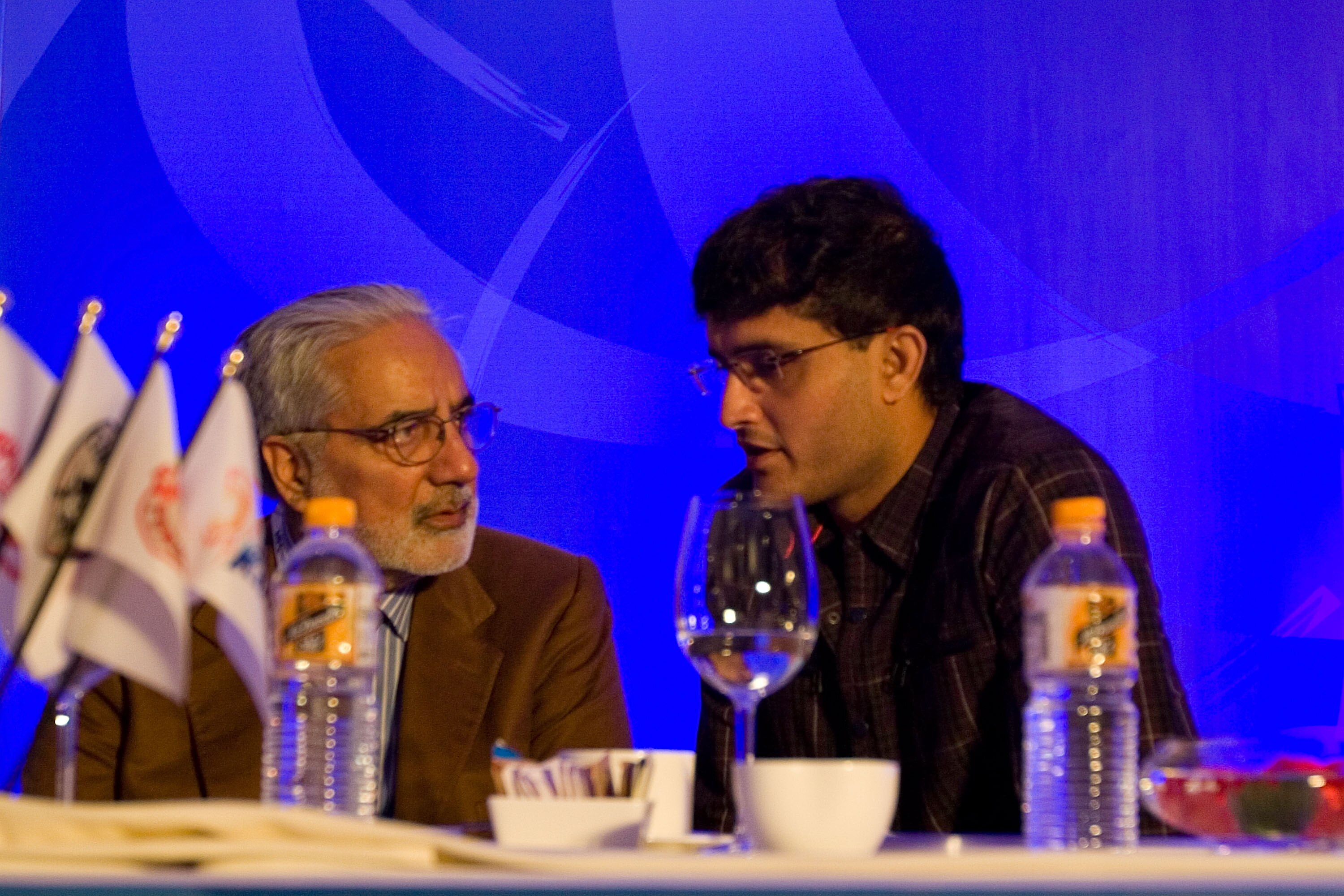 MUMBAI, INDIA - JANUARY 19:  Saurav Ganguly (R), captain of Kolkatta Knight Riders team with Mr. Inderjit Singh Bindra (L), President, Punjab Cricket Association attend the Indian Premier League Auction 2010 on January 19, 2010 in Mumbai, India.  (Photo b