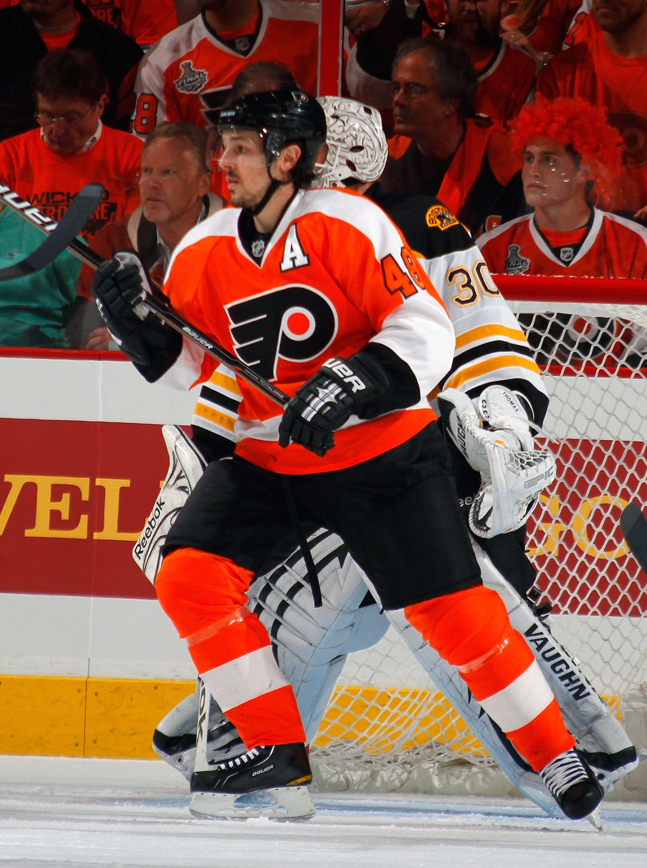 PHILADELPHIA, PA - MAY 02: Danny Briere #48 of the Philadelphia Flyers maintains position during the first period of Game Two of the Eastern Conference Semifinals against the Boston Bruins during the 2011 NHL Stanley Cup Playoffs at Wells Fargo Center on