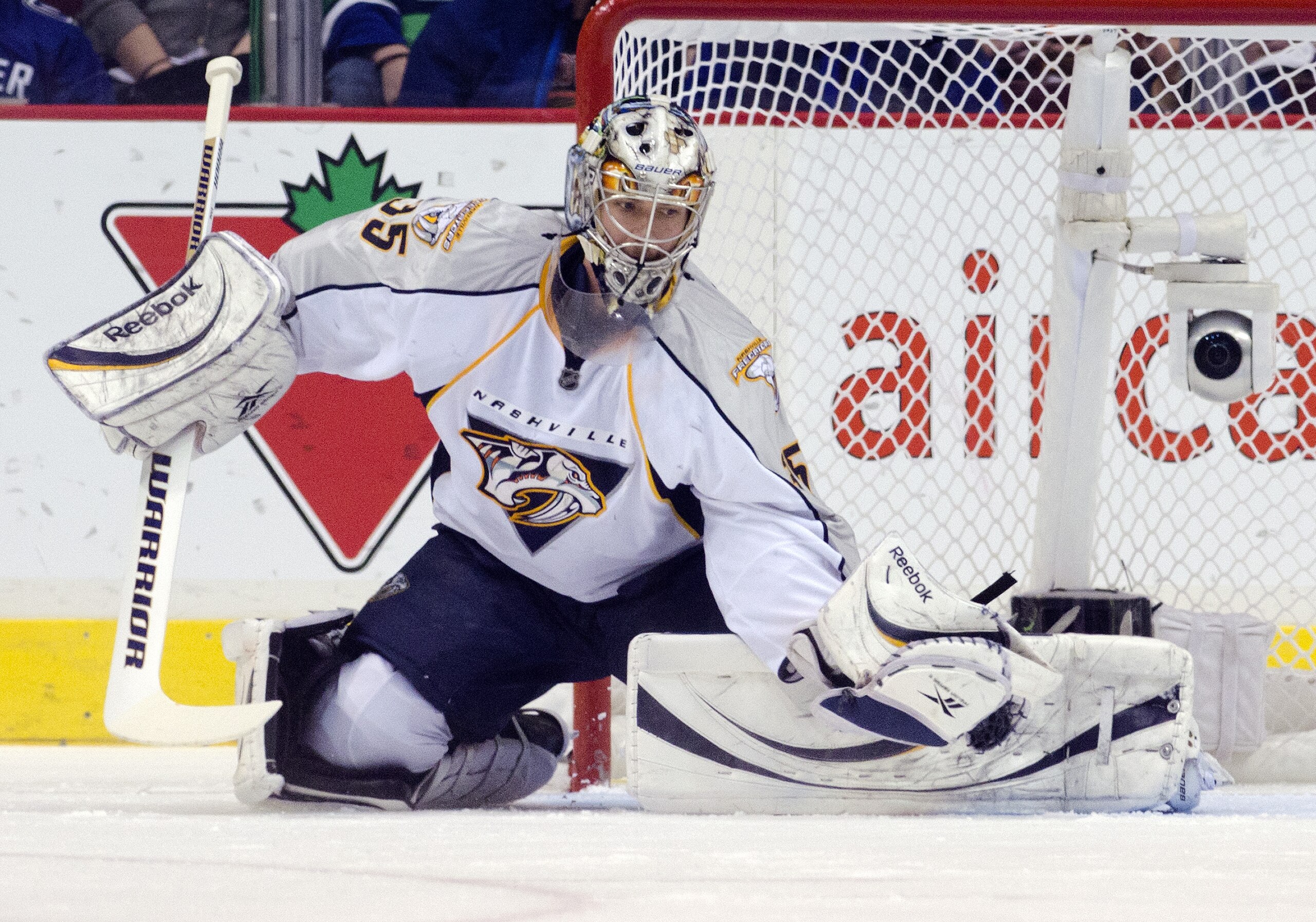 VANCOUVER, CANADA - APRIL 28: Goalie Pekka Rinne #35 of the Nashville Predators makes a save during Game One of the Western Conference Semifinals against the Vancouver Canucks during the 2011 NHL Stanley Cup Playoffs on April 28, 2011 at Rogers Arena in V