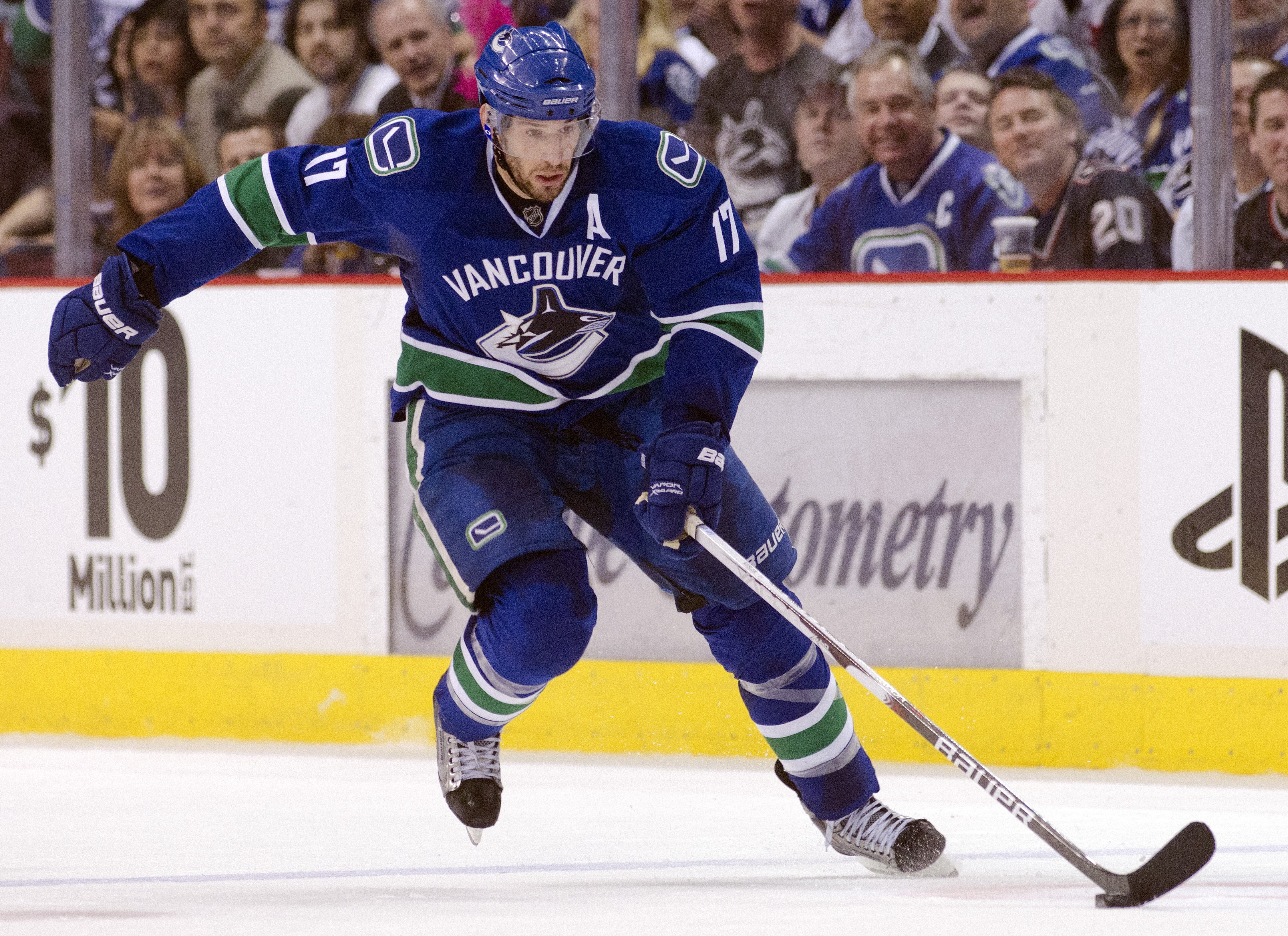 VANCOUVER, CANADA - APRIL 28: Ryan Kesler #17 of the Vancouver Canucks skates with the puck during Game One of the Western Conference Semifinals against the Nashville Predators during the 2011 NHL Stanley Cup Playoffs on April 28, 2011 at Rogers Arena in