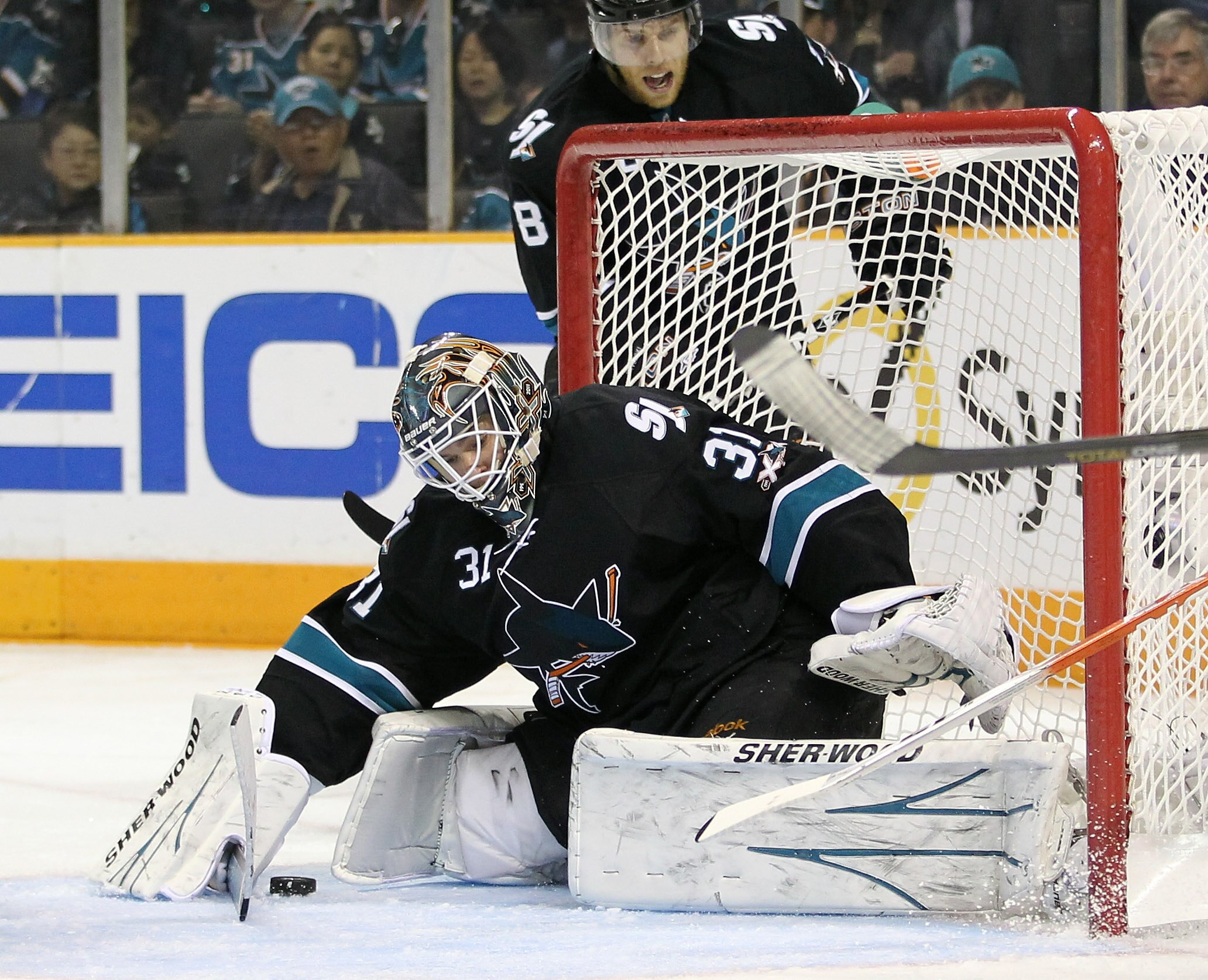 SAN JOSE, CA - MAY 01:  Antti Niemi #31 of the San Jose Sharks makes a save against the Detroit Red Wings in Game Two of the Western Conference Semifinals during the 2011 NHL Stanley Cup Playoffs at HP Pavilion on May 1, 2011 in San Jose, California.  (Ph
