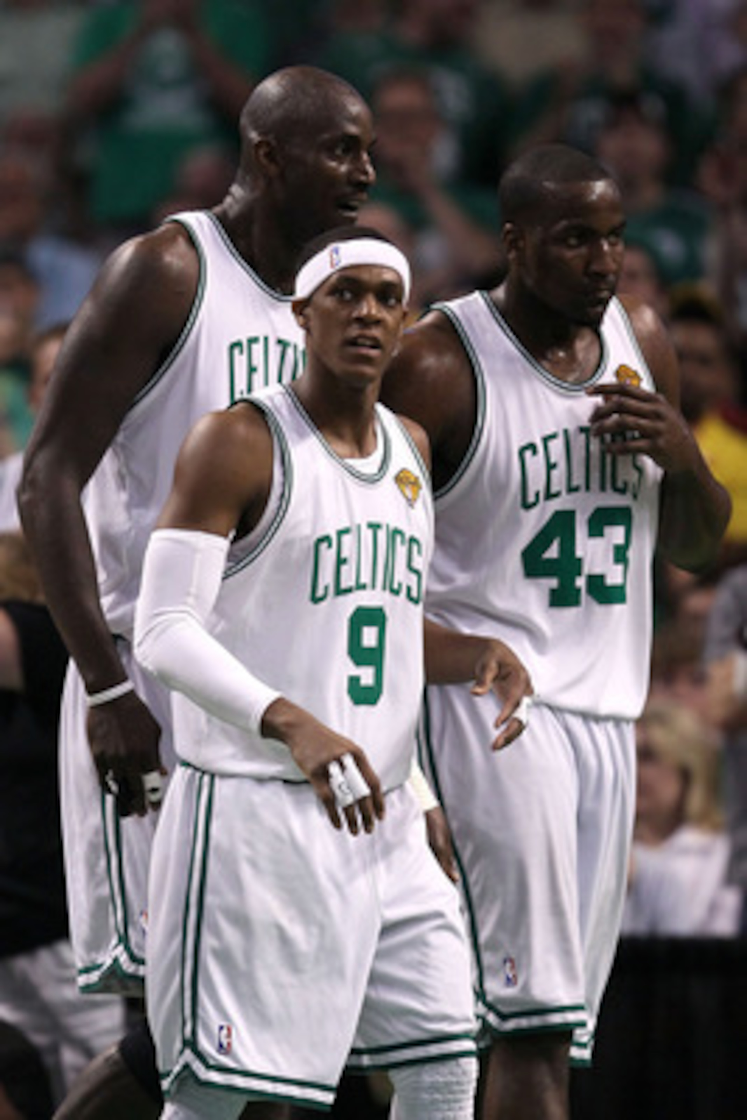 BOSTON - JUNE 08: (L-R) Kevin Garnett #5, Rajon Rondo #9 and Kendrick Perkins #43 of the Boston Celtics look on in the second half against the Los Angeles Lakers in Game Three of the 2010 NBA Finals on June 8, 2010 at TD Garden in Boston, Massachusetts. BOSTON - JUNE 08: (L-R) Kevin Garnett #5, Rajon Rondo #9 and Kendrick Perkins #43 of the Boston Celtics look on in the second half against the Los Angeles Lakers in Game Three of the 2010 NBA Finals on June 8, 2010 at TD Garden in Boston, Massachusetts.