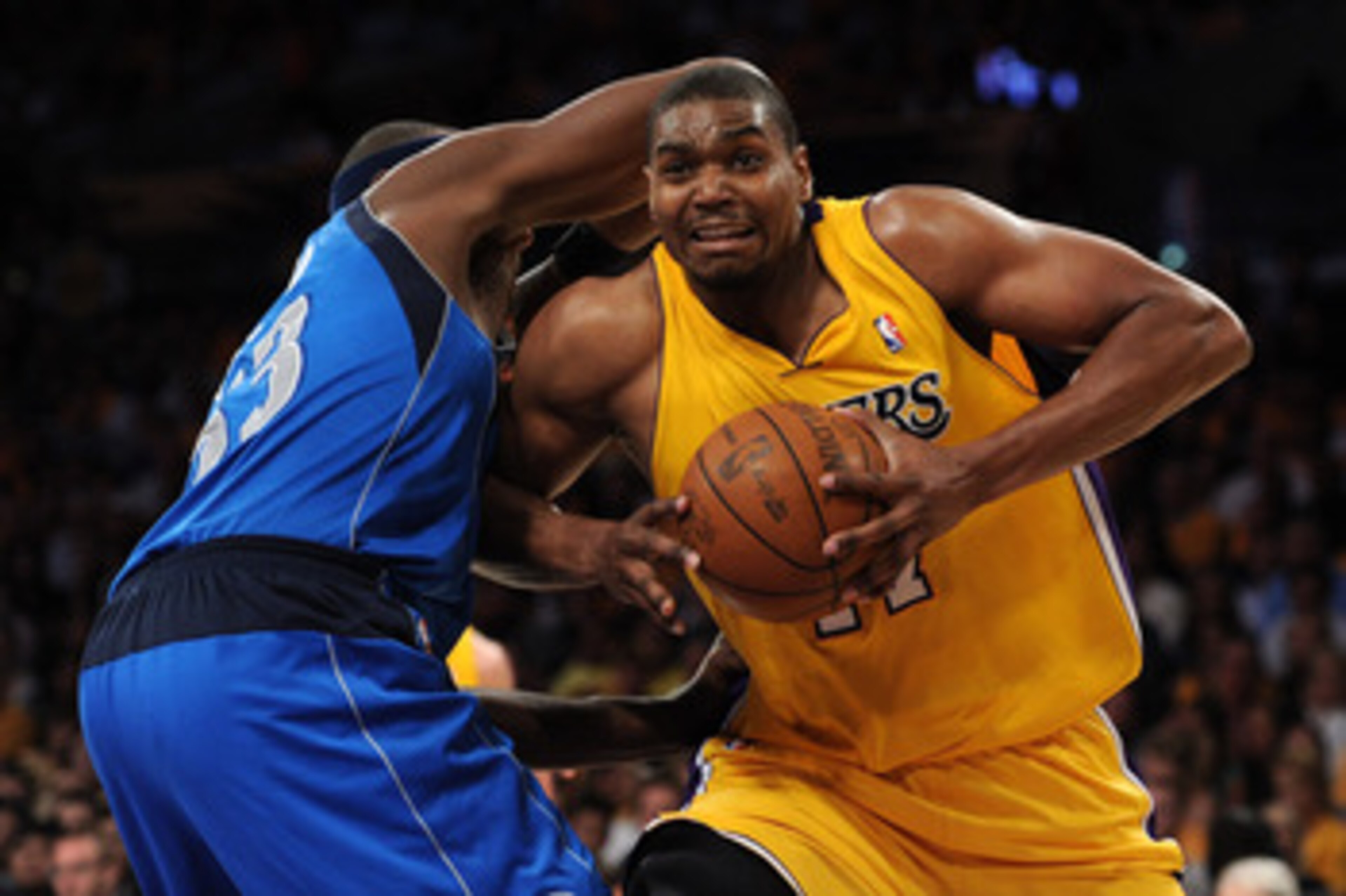 LOS ANGELES, CA - MAY 02:  Andrew Bynum #17 of the Los Angeles Lakers makes a move on Brendan Haywood #33 of the Dallas Mavericks in the second half in Game One of the Western Conference Semifinals in the 2011 NBA Playoffs at Staples Center on May 2, 2011