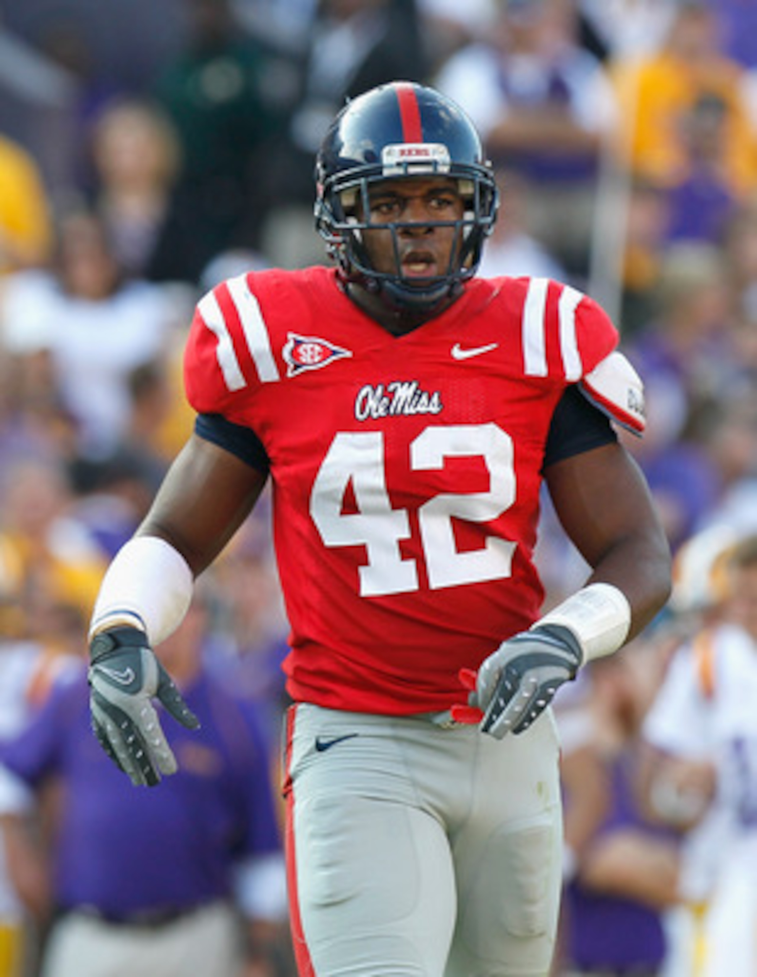 BATON ROUGE, LA - NOVEMBER 20:  D.T. Shackelford #42 of the Ole Miss Rebels against the Louisiana State University Tigers at Tiger Stadium on November 20, 2010 in Baton Rouge, Louisiana.  (Photo by Kevin C. Cox/Getty Images)