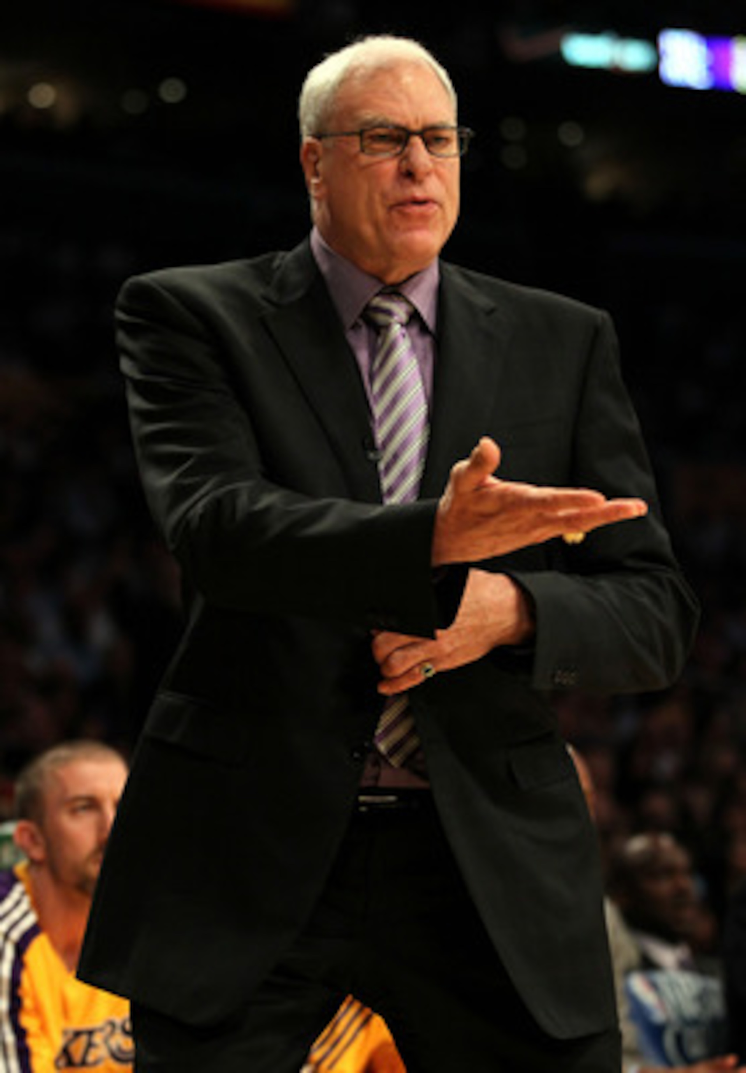 LOS ANGELES, CA - MAY 04:  Head coach Phil Jackson of the Los Angeles Lakers reacts in the first quarter while taking on the Dallas Mavericks in Game Two of the Western Conference Semifinals in the 2011 NBA Playoffs at Staples Center on May 4, 2011 in Los