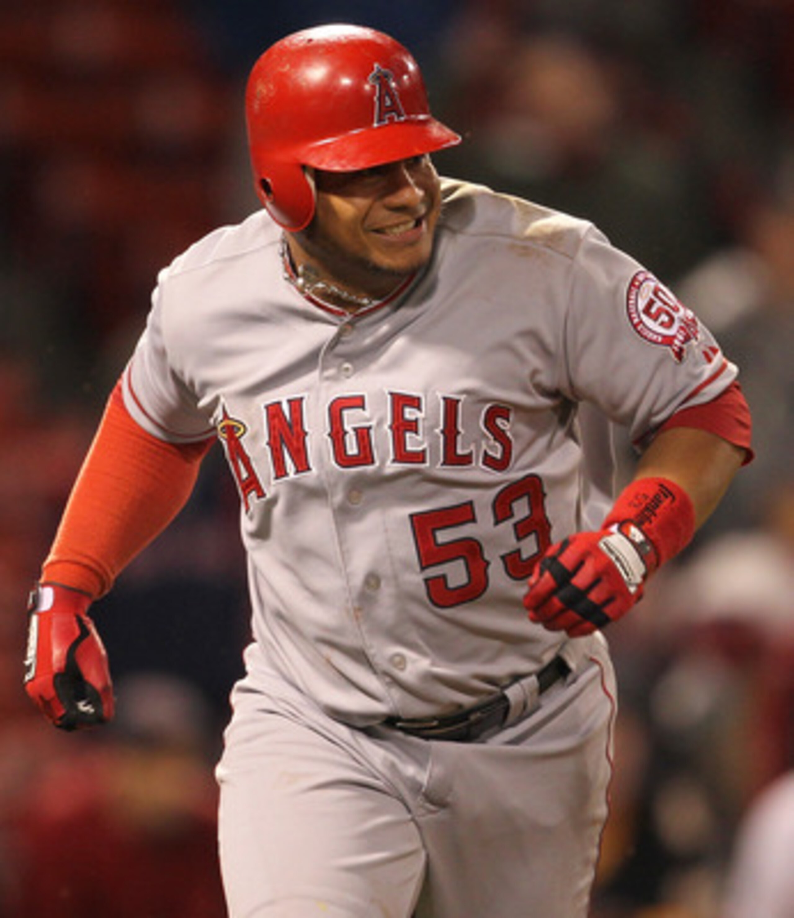 BOSTON, MA - MAY 4: Bobby Abreu #53 of the Los Angeles Angels of Anaheim hits a two-run single in the 11th inning against the Boston Red Sox at Fenway Park on May 4, 2011 in Boston, Massachusetts. The Angels won 5-3. (Photo by Jim Rogash/Getty Images)