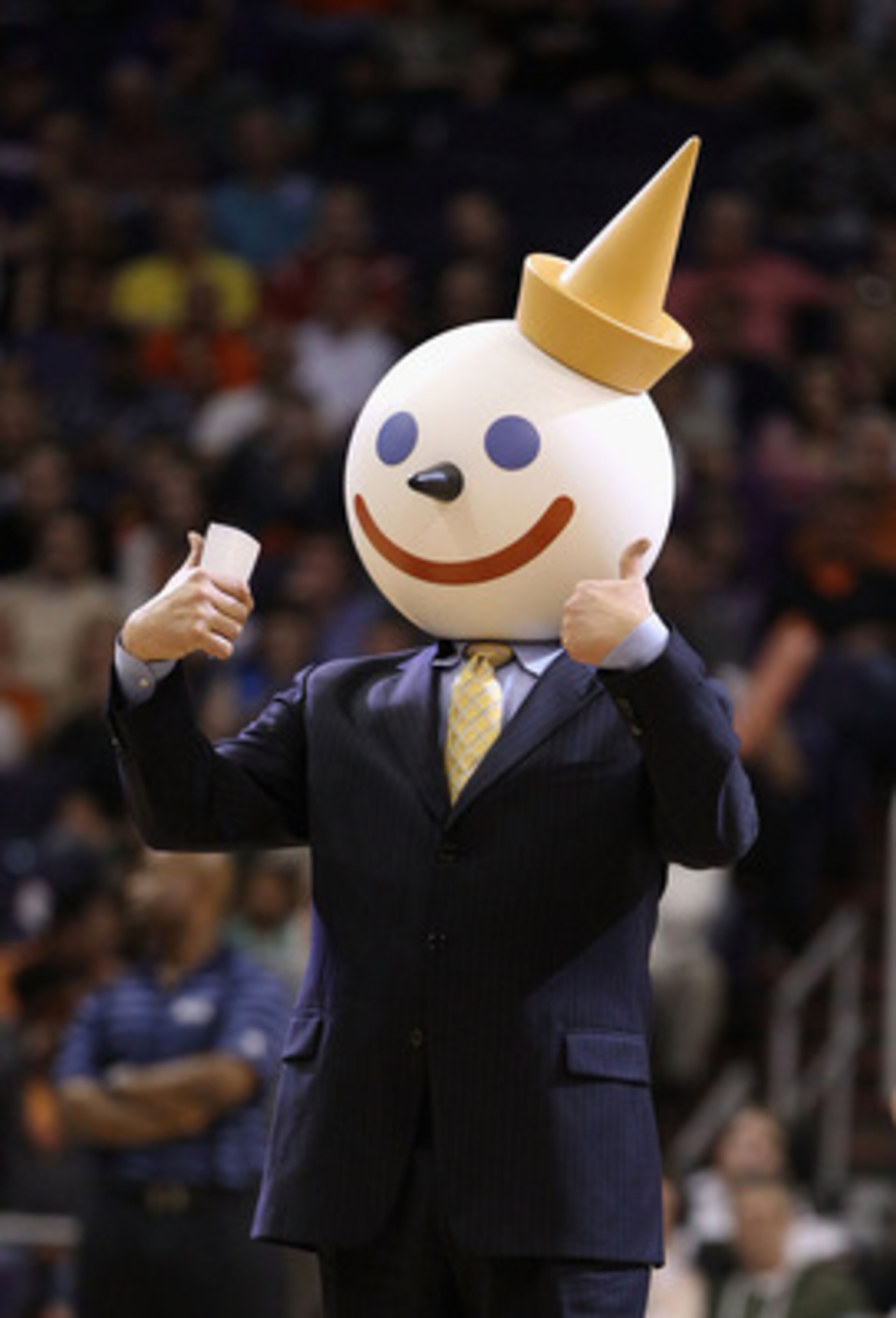 PHOENIX, AZ - FEBRUARY 17:  The Jack in the Box mascot attends the NBA game between the Dallas Mavericks and the Phoenix Suns at US Airways Center on February 17, 2011 in Phoenix, Arizona.  The Mavericks defeated the Suns 112-106.  NOTE TO USER: User expr