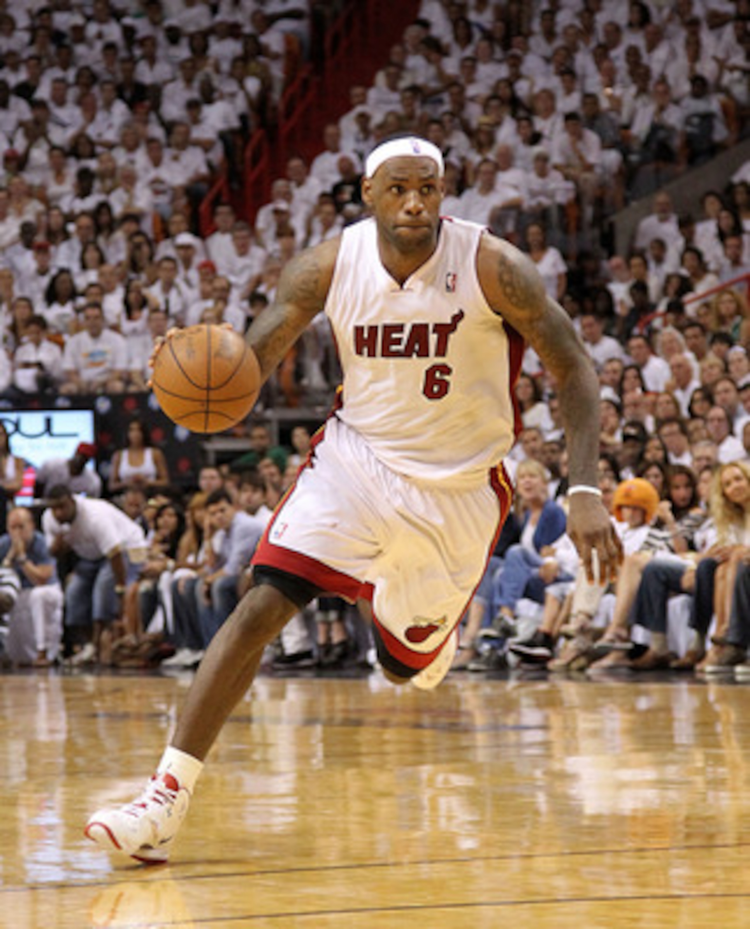 MIAMI, FL - MAY 01:  LeBron James #6 of the Miami Heat drives to the lane during Game One of the Eastern Conference Semifinals of the 2011 NBA Playoffs against the Boston Celtics at American Airlines Arena on May 1, 2011 in Miami, Florida. NOTE TO USER: U