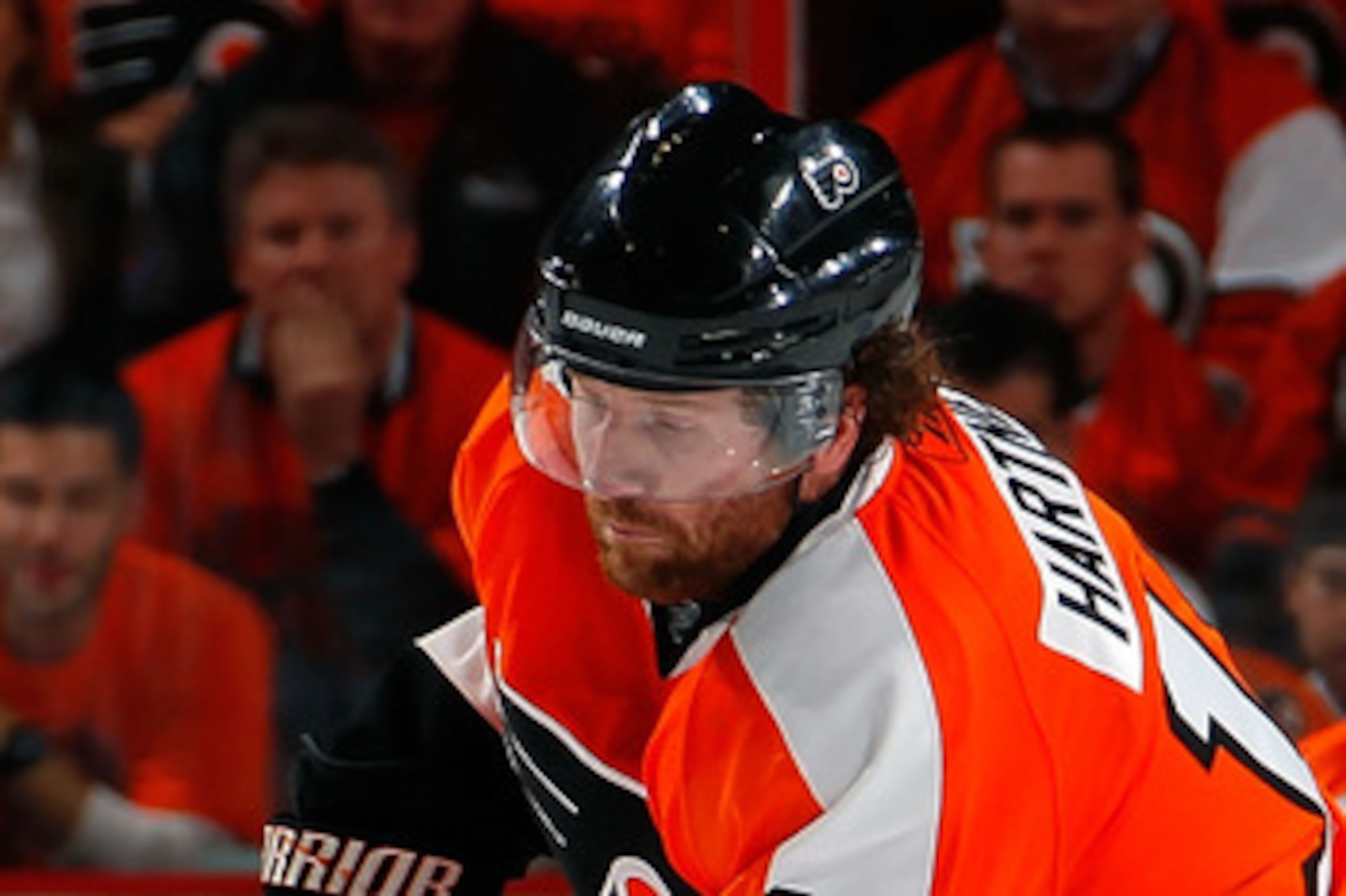 PHILADELPHIA, PA - MAY 02:  Scott Hartnell #19 of the Philadelphia Flyers passes the puck in Game Two of the Eastern Conference Semifinals against the Boston Bruins during the 2011 NHL Stanley Cup Playoffs at Wells Fargo Center on May 2, 2011 in Philadelp
