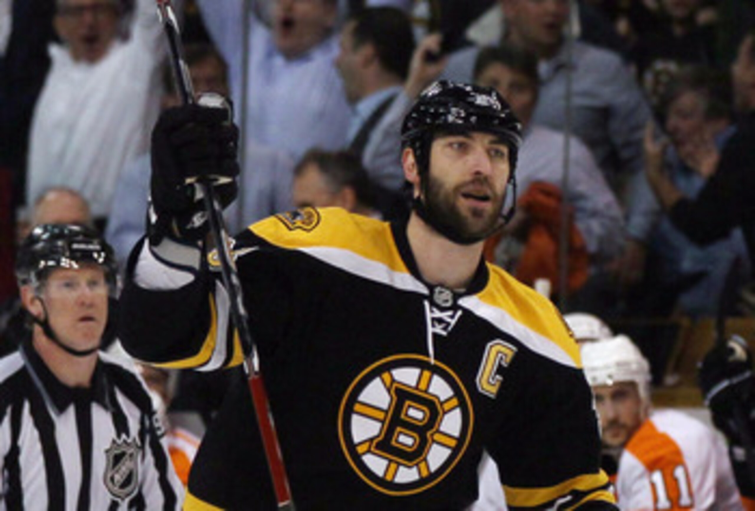 BOSTON, MA - MAY 04: Zdeno Chara #33 of the Boston Bruins celebrates teammate David Krejci's goal in the first period against the Philadelphia Flyers  in Game Three of the Eastern Conference Semifinals during the 2011 NHL Stanley Cup Playoffs at TD Garden