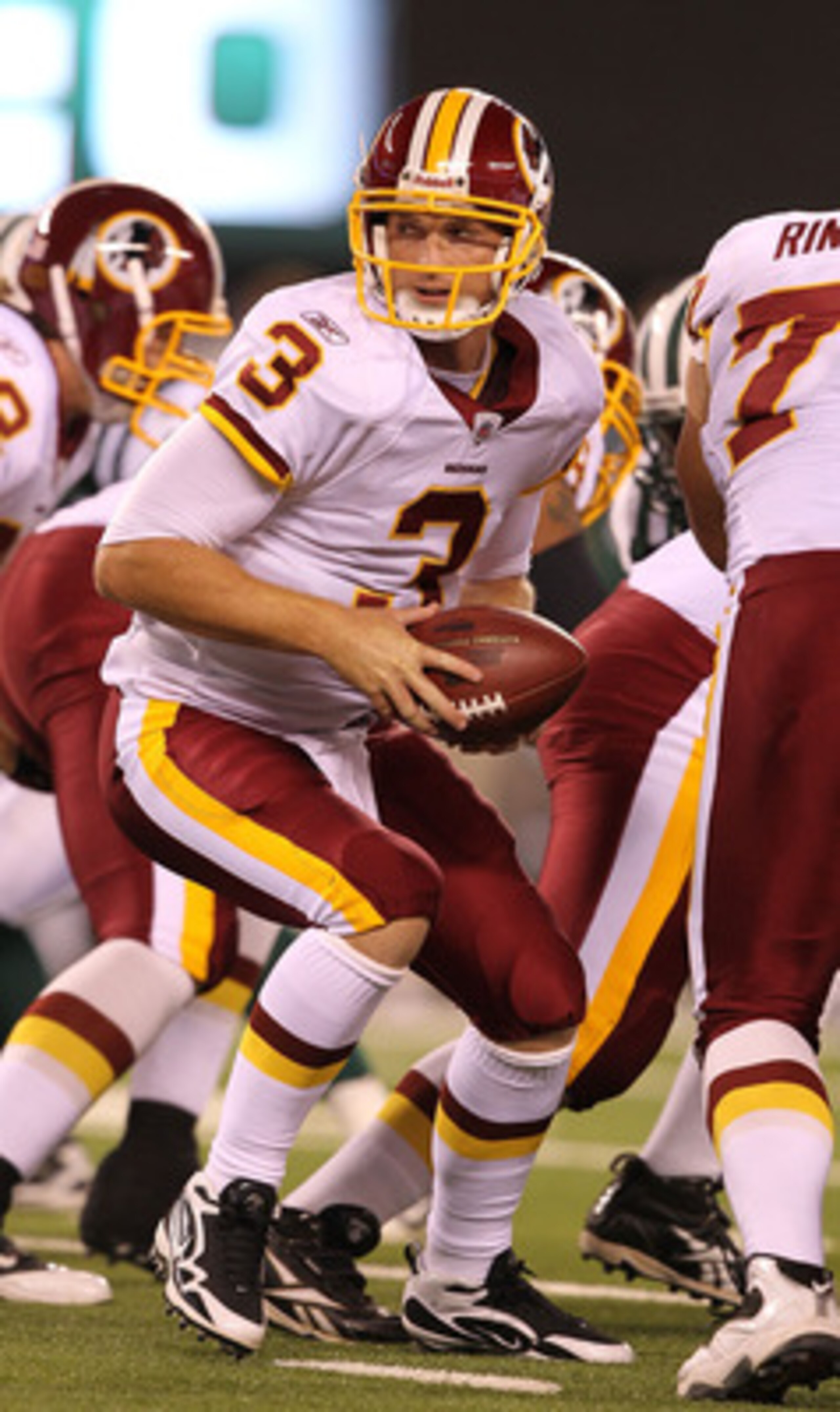 EAST RUTHERFORD, NJ - AUGUST 27:  John Beck #3 of the Washington Redskins  in action against  the New York Jets during their preseason game on August 27, 2010 at the New Meadowlands Stadium  in East Rutherford, New Jersey.  (Photo by Al Bello/Getty Images
