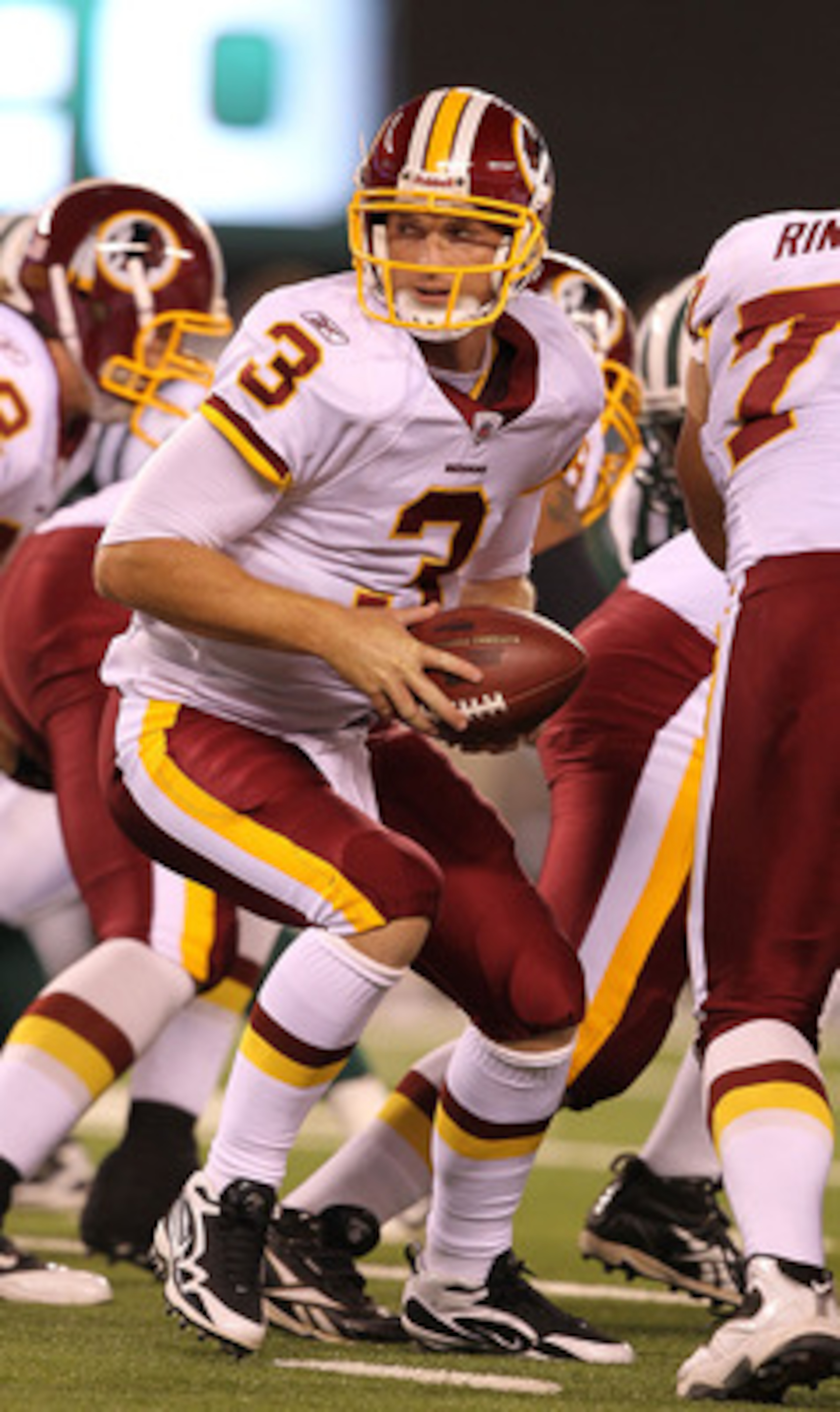 EAST RUTHERFORD, NJ - AUGUST 27:  John Beck #3 of the Washington Redskins  in action against  the New York Jets during their preseason game on August 27, 2010 at the New Meadowlands Stadium  in East Rutherford, New Jersey.  (Photo by Al Bello/Getty Images