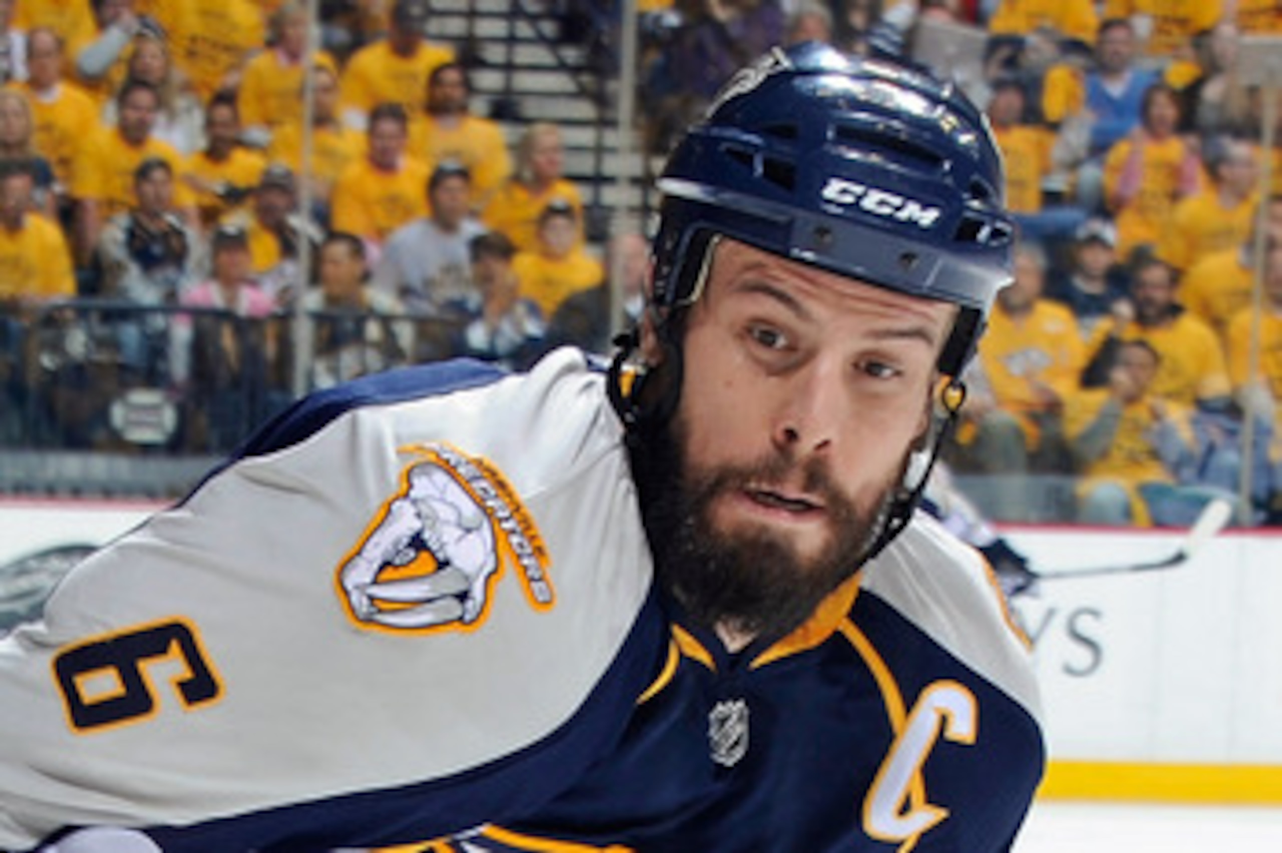 NASHVILLE, TN - MAY 03:   Shea Weber #6 of the Nashville Predators skates against the Vancouver Canucks in Game Three of the Western Conference Semifinals during the 2011 NHL Stanley Cup Playoffs at Bridgestone Arena on May 3, 2011 in Nashville, Tennessee