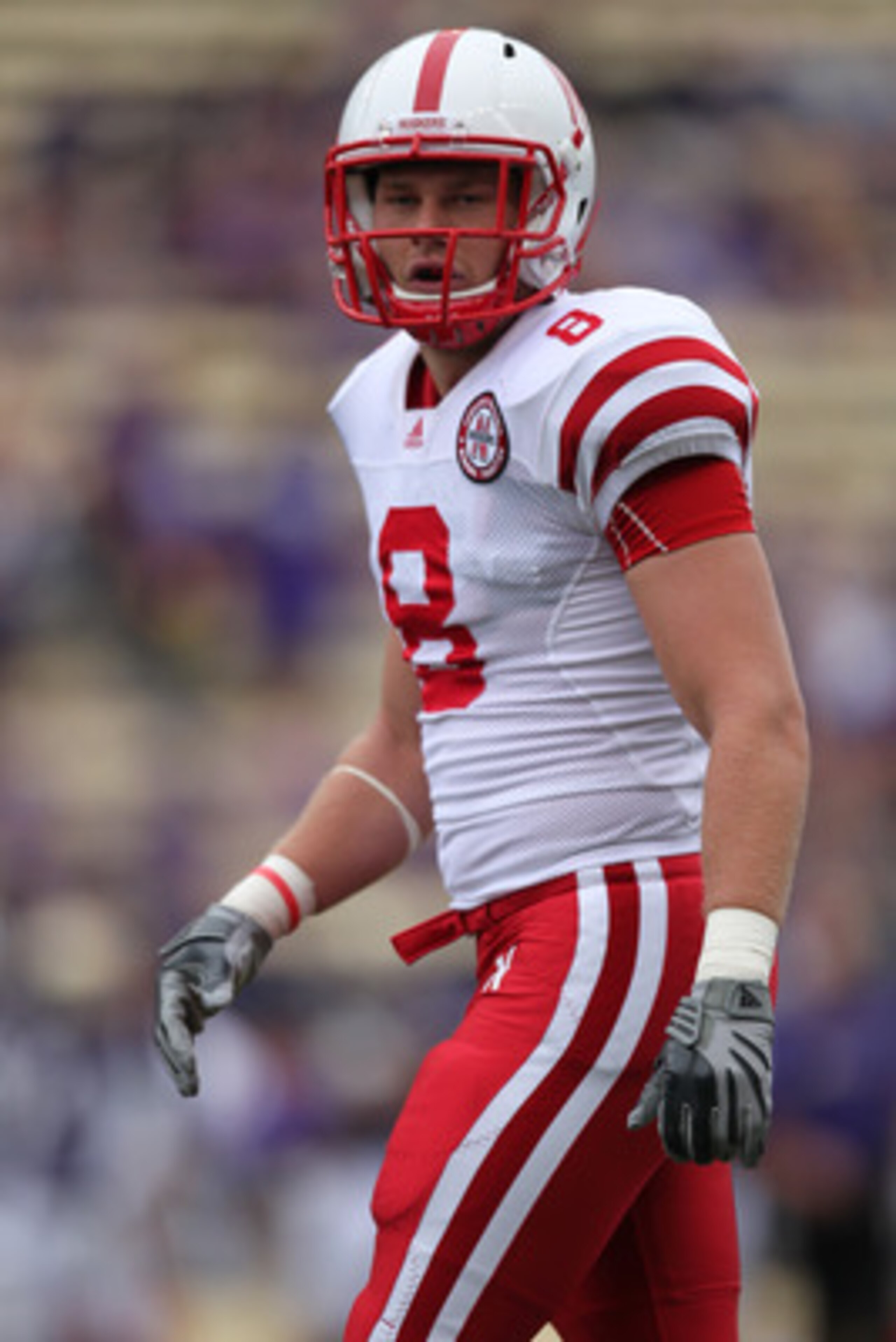 SEATTLE - SEPTEMBER 18: Safety Austin Cassidy #8 of the Nebraska Cornhuskers looks on during the game against the Washington Huskies on September 18, 2010 at Husky Stadium in Seattle, Washington. (Photo by Otto Greule Jr/Getty Images)