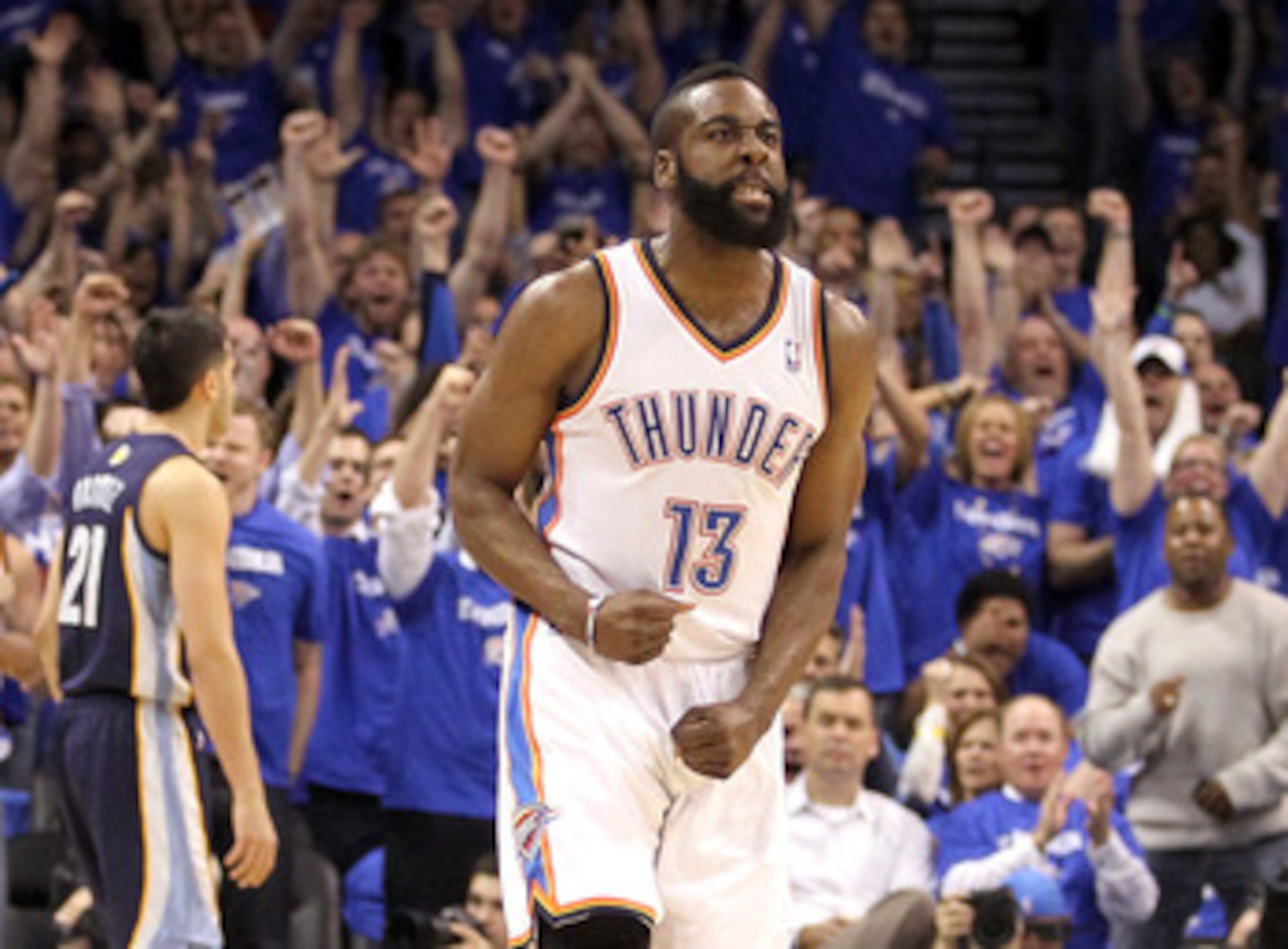 OKLAHOMA CITY, OK - MAY 03:  James Harden #13 of the Oklahoma City Thunder reacts at the end of the first quarter while taking on the Memphis Grizzlies in Game Two of the Western Conference Semifinals in the 2011 NBA Playoffs on May 3, 2011 at Oklahoma Ci
