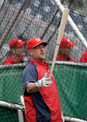 WASHINGTON, DC - MARCH 31:  Matt Stairs #24 of the Washington Nationals waits to take batting practice before their opening day game against the Atlanta Braves at Nationals Park on March 31, 2011 in Washington, DC.  (Photo by Rob Carr/Getty Images)