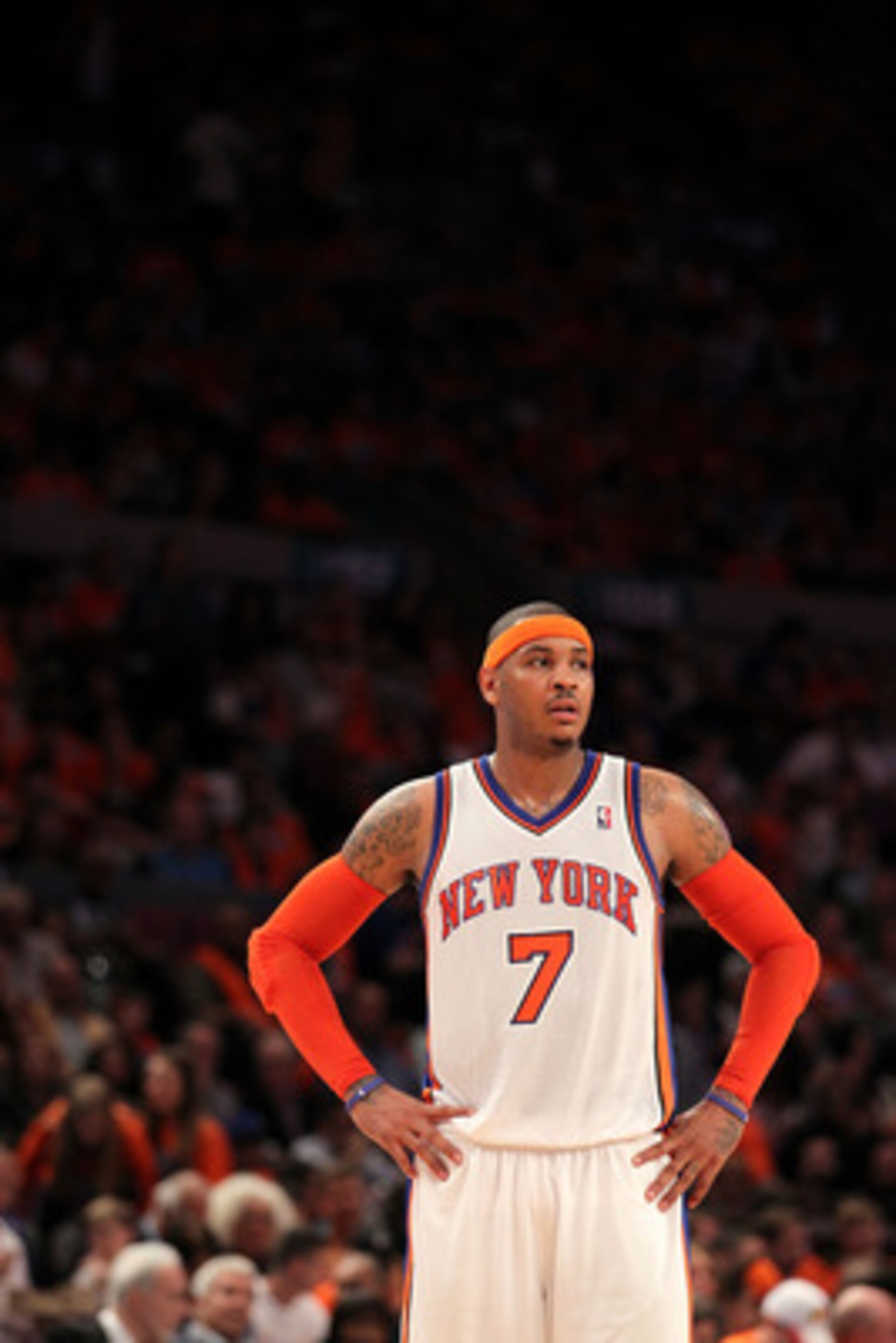 NEW YORK, NY - APRIL 24:  Carmelo Anthony #7 of the New York Knicks looks on against the Boston Celtics in Game Four of the Eastern Conference Quarterfinals during the 2011 NBA Playoffs on April 24, 2011 at Madison Square Garden in New York City. The Celt