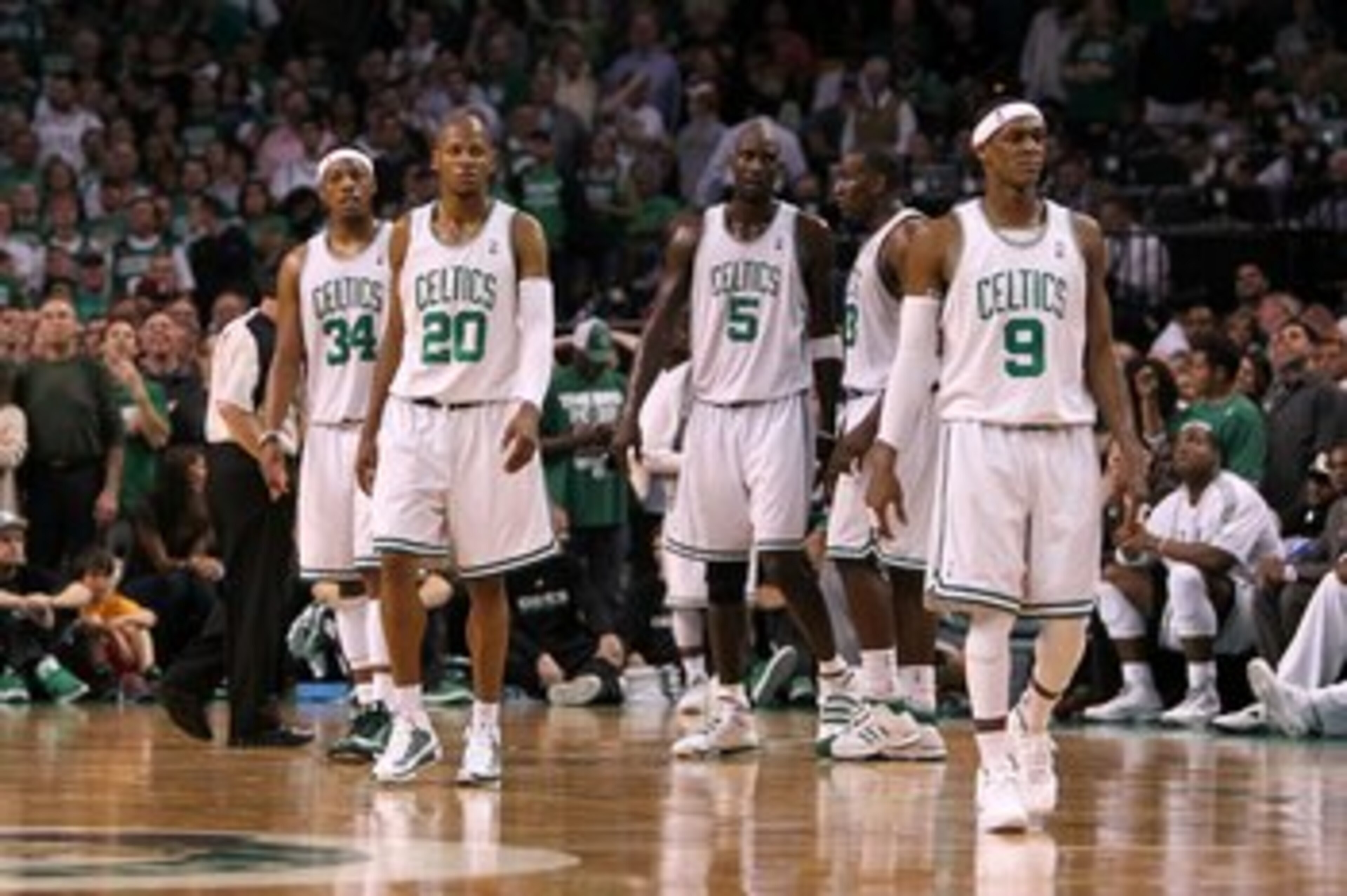 BOSTON - MAY 28: (L-R) Paul Pierce #34, Ray Allen #20, Kevin Garnett #5 and Rajon Rondo #9 of the Boston Celtics look on against the Orlando Magic in Game Six of the Eastern Conference Finals during the 2010 NBA Playoffs at TD Garden on May 28, 2010 in B BOSTON - MAY 28: (L-R) Paul Pierce #34, Ray Allen #20, Kevin Garnett #5 and Rajon Rondo #9 of the Boston Celtics look on against the Orlando Magic in Game Six of the Eastern Conference Finals during the 2010 NBA Playoffs at TD Garden on May 28, 2010 in B
