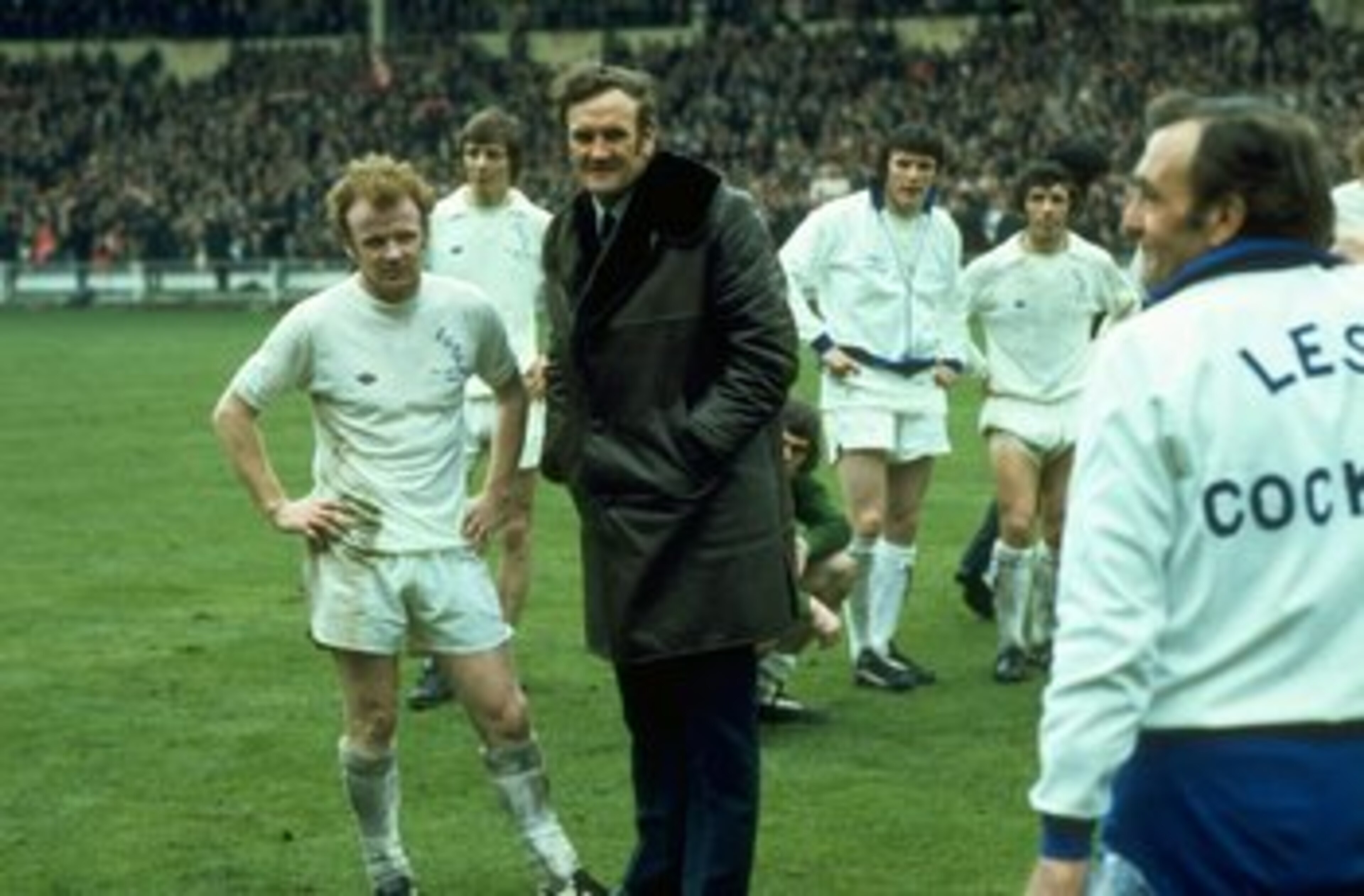 1973:  Billy Bremner (left) and Leeds Manager Don Reevie (right) chat before the FA Cup final against Sunderland at Wembley Stadium in London. Sunderland won the match 1-0.    \ Mandatory Credit: Allsport UK /Allsport