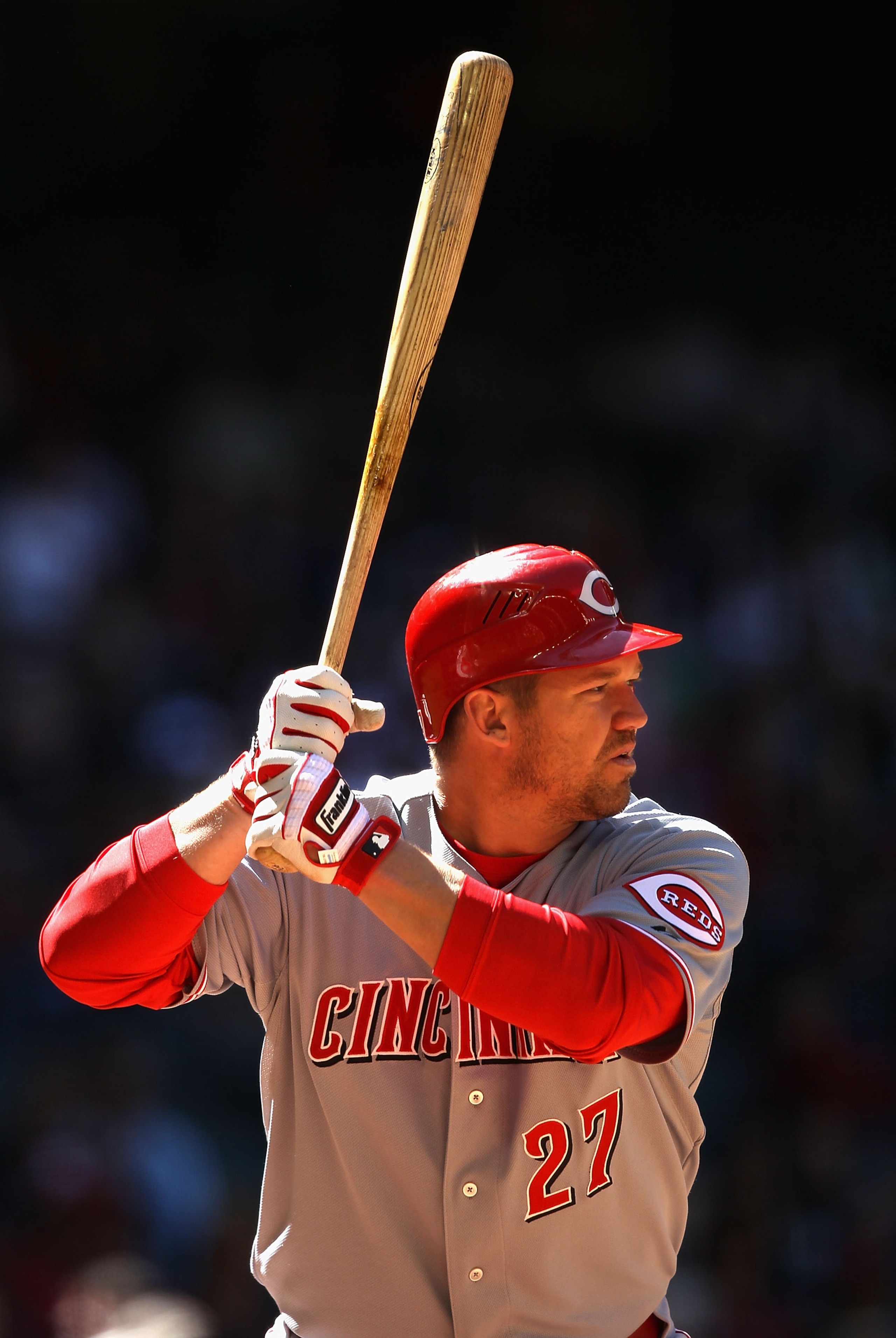 PHOENIX, AZ - APRIL 10:  Scott Rolen #27 of the Cincinnati Reds bats against the Arizona Diamondbacks during the Major League Baseball game at Chase Field on April 10, 2011 in Phoenix, Arizona.  (Photo by Christian Petersen/Getty Images)