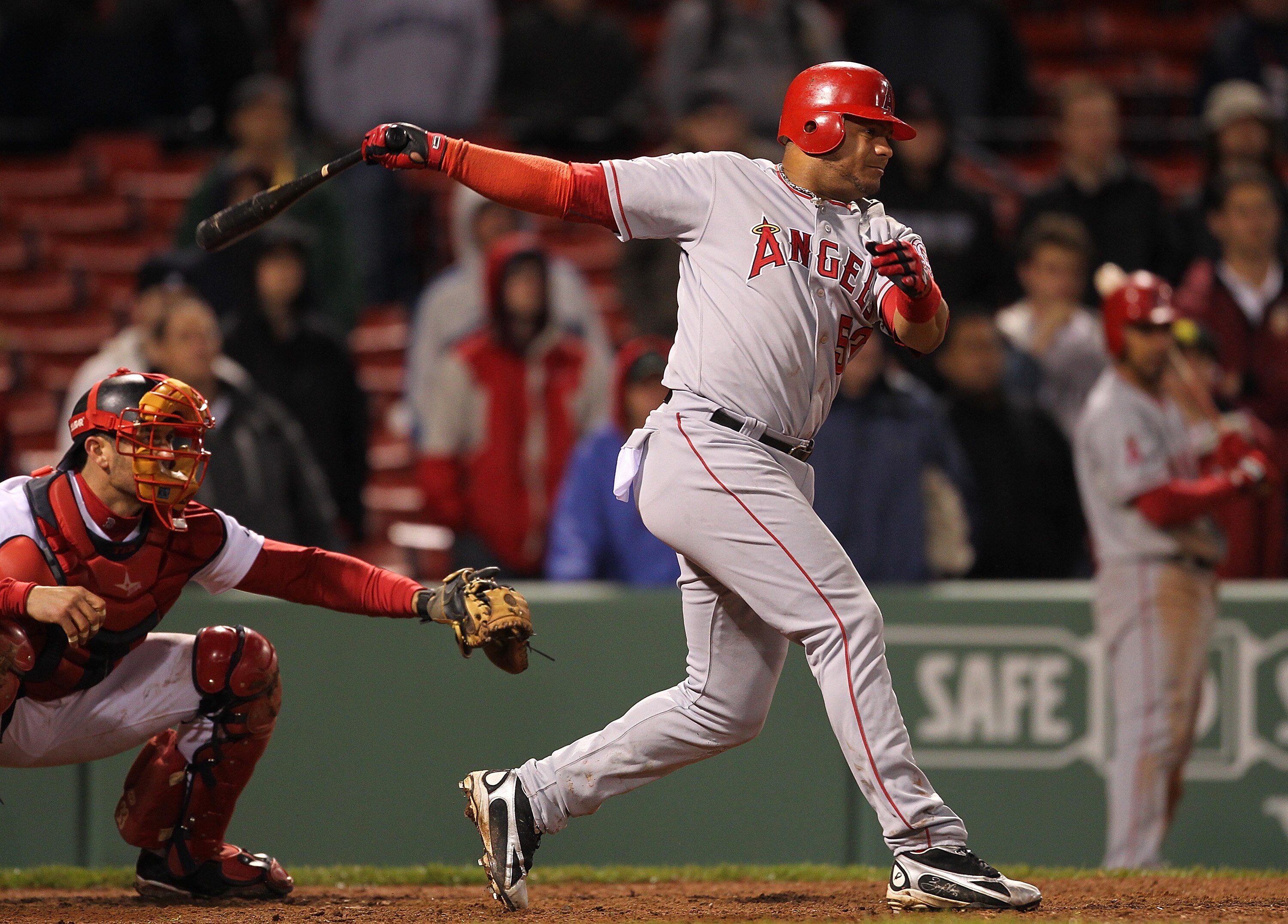 BOSTON, MA - MAY 4: Bobby Abreu #53 of the Los Angeles Angels of Anaheim hits a two-run single in the 11th inning against the Boston Red Sox at Fenway Park on May 4, 2011 in Boston, Massachusetts. The Angels won 5-3. (Photo by Jim Rogash/Getty Images)