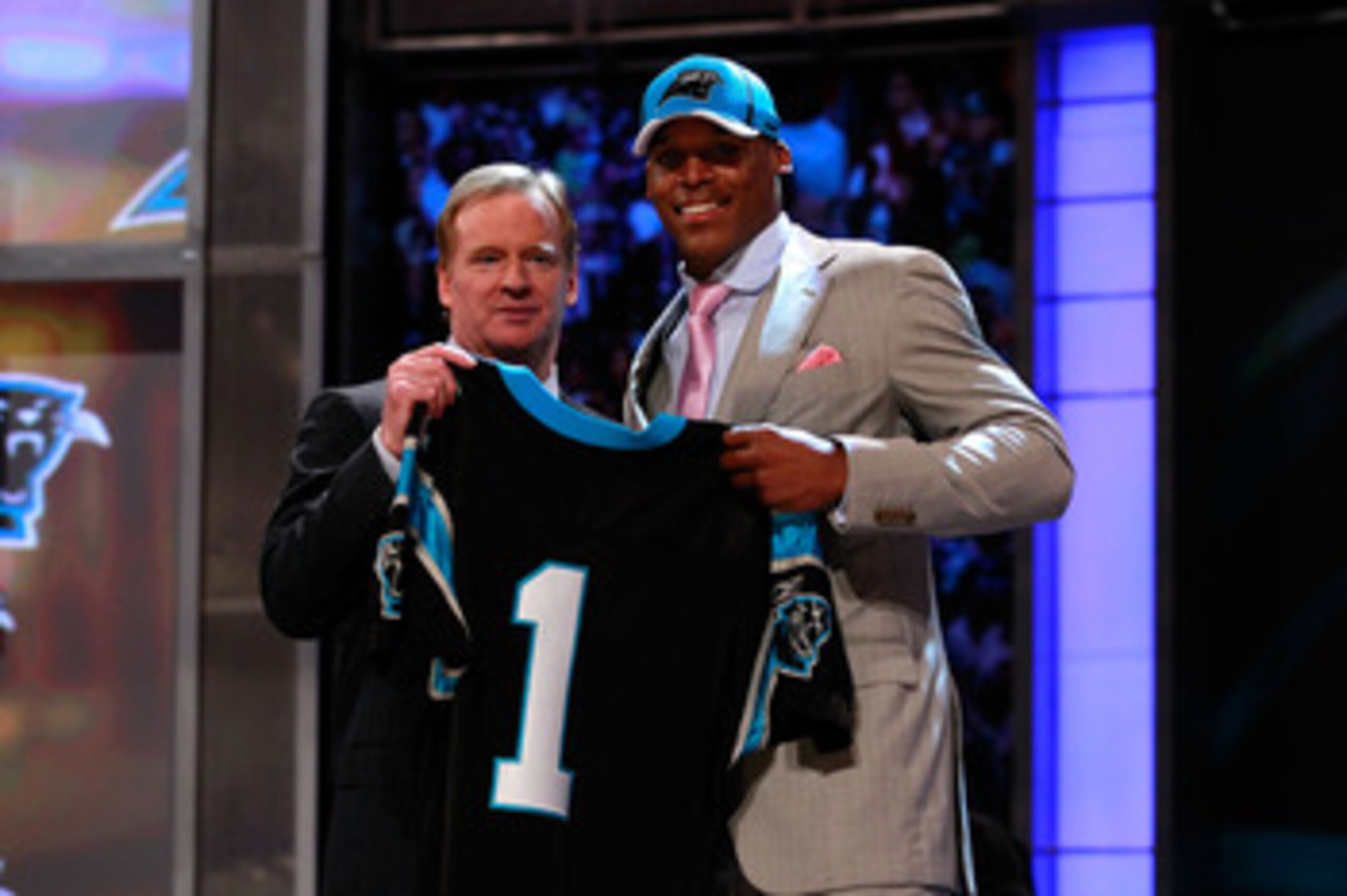 NEW YORK, NY - APRIL 28:  NFL COmmissioner Roger Goodell poses for a photo with Carolina Panthers #1 overall pick Cam Newton from Auburn during the 2011 NFL Draft at Radio City Music Hall on April 28, 2011 in New York City.  (Photo by Chris Trotman/Getty 