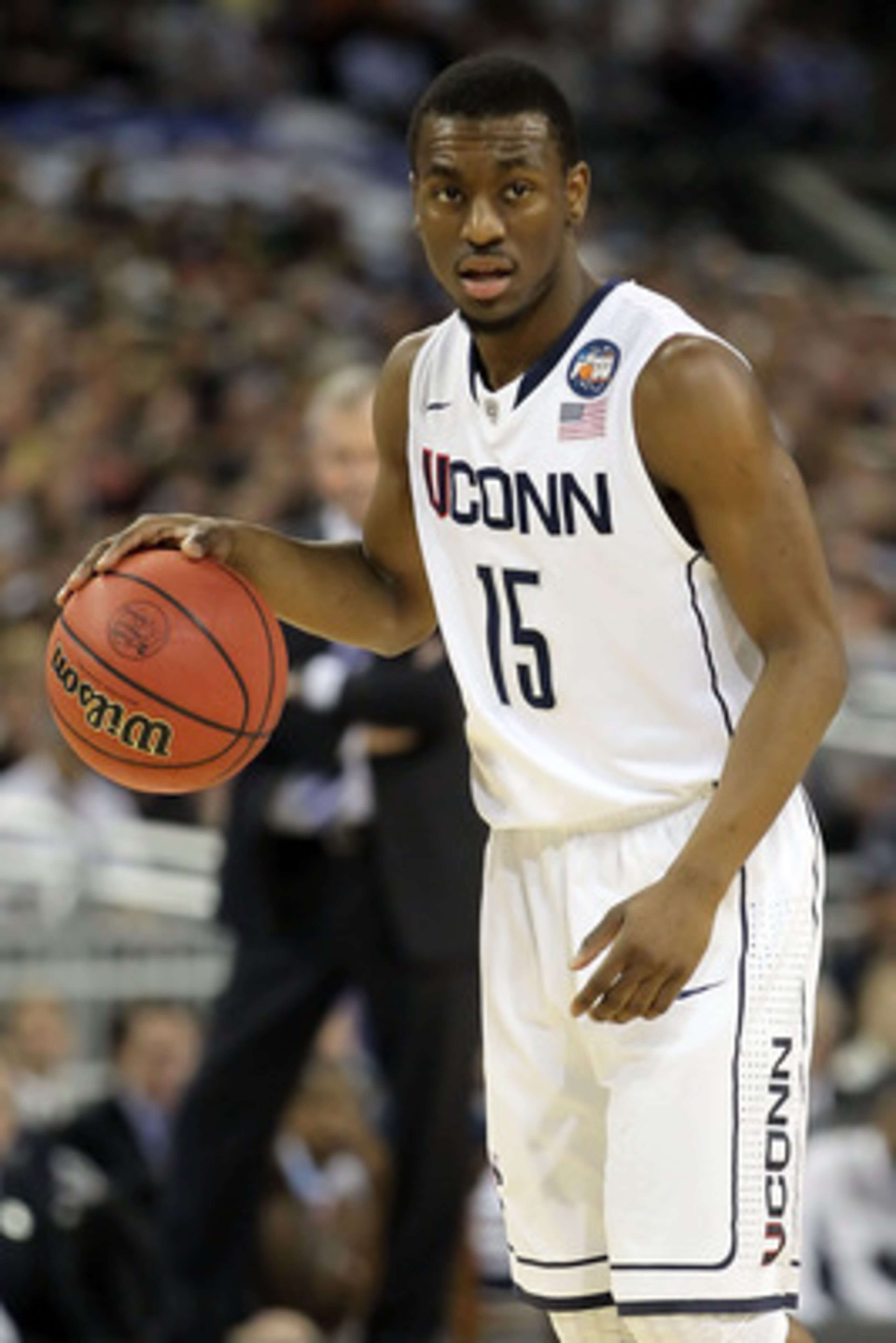 HOUSTON, TX - APRIL 04:  Kemba Walker #15 of the Connecticut Huskies handles the ball against the Butler Bulldogs during the National Championship Game of the 2011 NCAA Division I Men's Basketball Tournament at Reliant Stadium on April 4, 2011 in Houston,