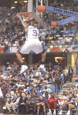 8 Feb 1997:  Guard Allen Iverson of the Philadelphia 76ers slam dunks the ball during the NBA All-Star Rookie Game at the Gund Arena in Cleveland, Ohio.  The East won the game 96-91. Mandatory Credit: Brian Bahr  /Allsport
