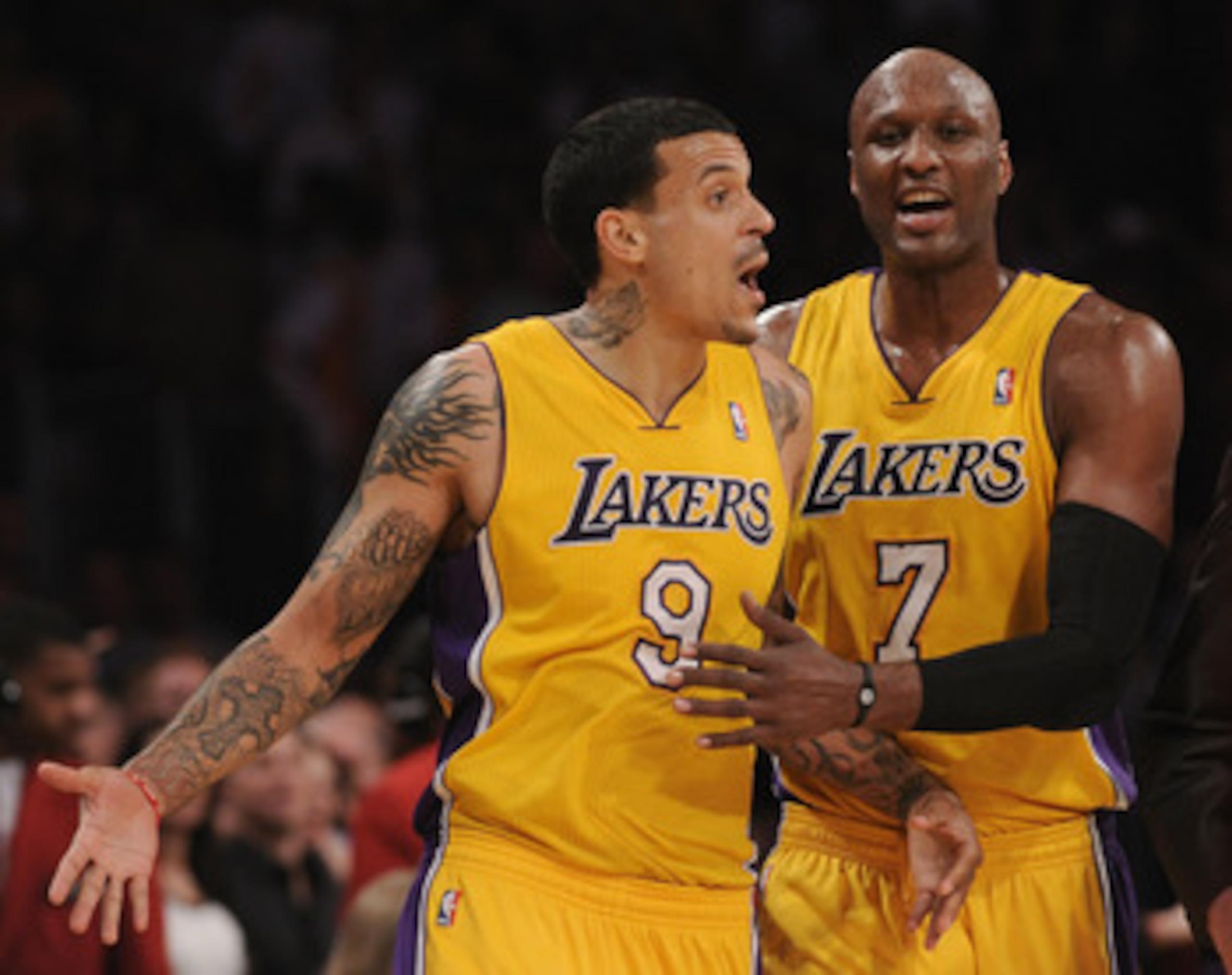 LOS ANGELES, CA - MARCH 31:  Matt Barnes #9 of the Los Angeles Lakers is restrained by Lamar Odom #7 after a shoving match with Jason Terry #31 of the Dallas Mavericks at Staples Center on March 31, 2011 in Los Angeles, California.  Barnes was ejectd from