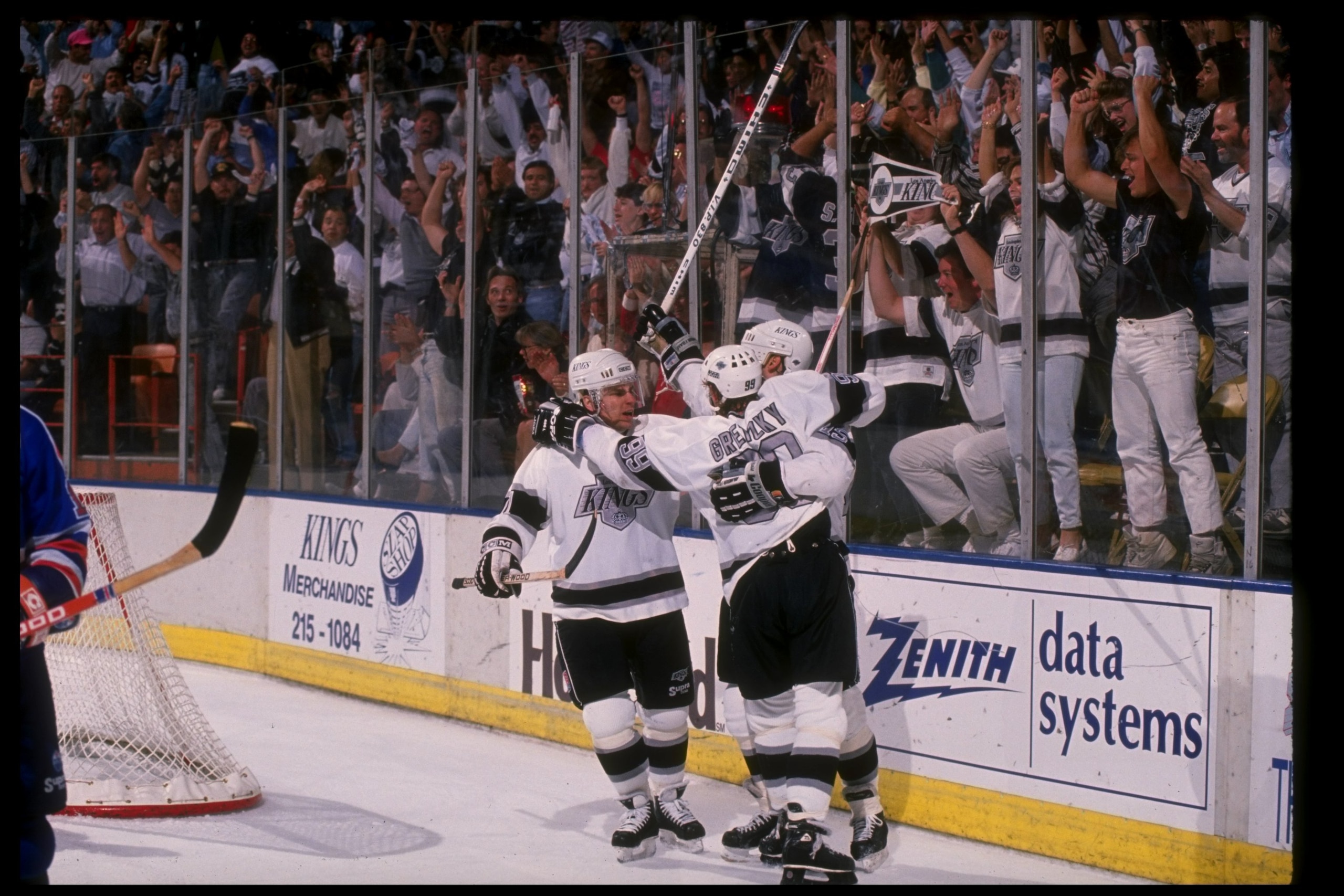 Forward Chris Kontos of the Los Angeles Kings after scoring a goal.