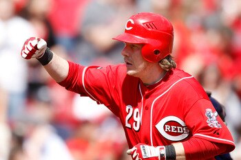 CINCINNATI, OH - APRIL 3: Ryan Hanigan #29 of the Cincinnati Reds celebrates as he rounds the bases after the first of two home runs against the Milwaukee Brewers at Great American Ball Park on April 3, 2011 in Cincinnati, Ohio. The Reds won 12-3. (Photo 