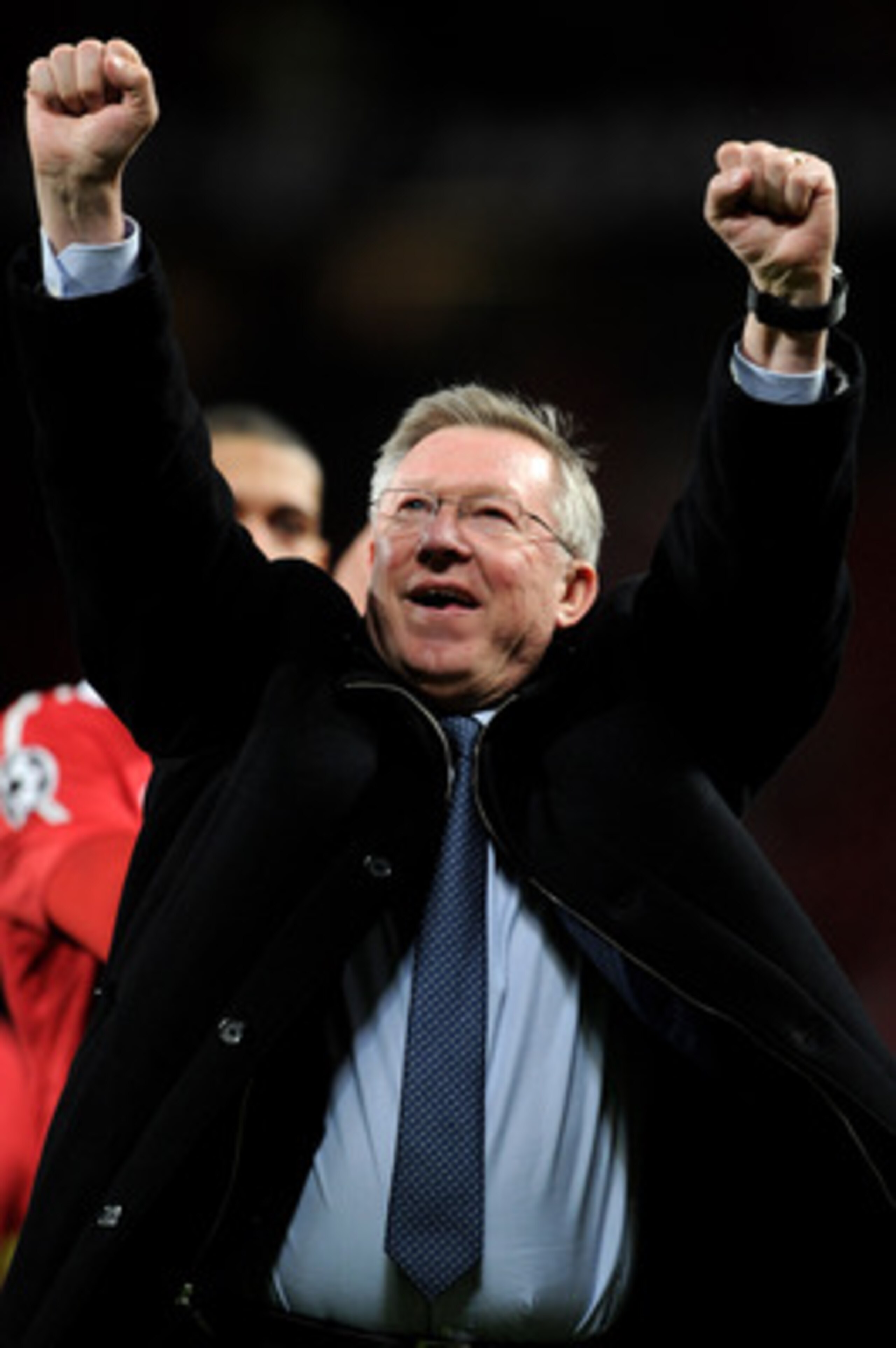 MANCHESTER, ENGLAND - MAY 04:  Manchester United Manager Sir Alex Ferguson celebrates at the end of the UEFA Champions League Semi Final second leg match between Manchester United and Schalke at Old Trafford on May 4, 2011 in Manchester, England.  (Photo 