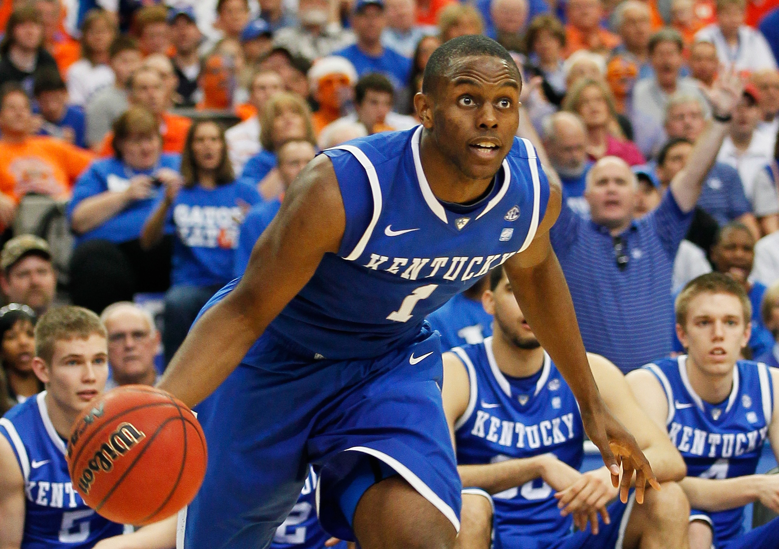 ATLANTA, GA - MARCH 13:  Darius Miller #1 of the Kentucky Wildcats drives against the Florida Gators during the championship game of the SEC Men's Basketball Tournament at Georgia Dome on March 13, 2011 in Atlanta, Georgia.  (Photo by Kevin C. Cox/Getty I