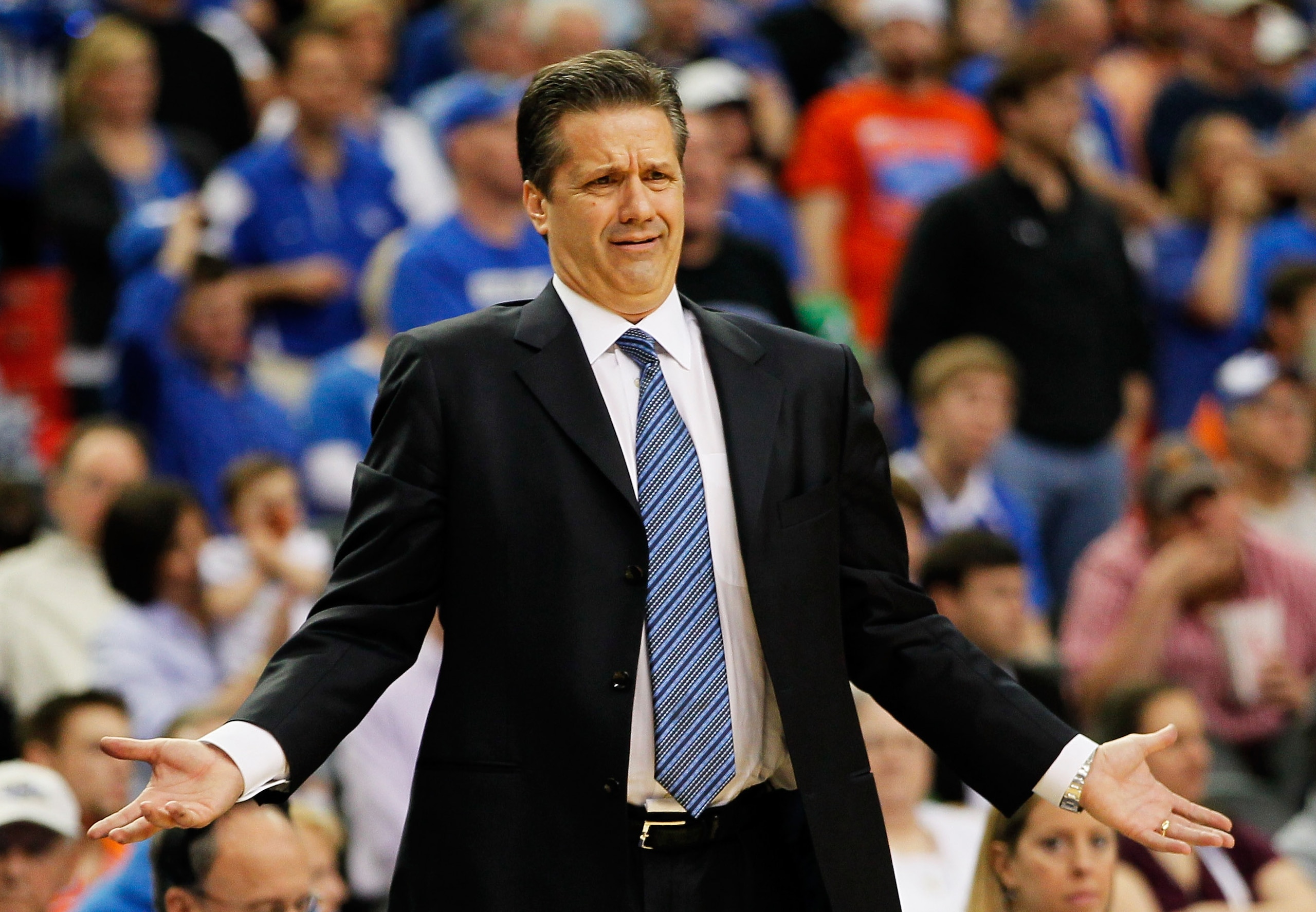 ATLANTA, GA - MARCH 13:  Head coach John Calipari of the Kentucky Wildcats coaches against the Florida Gators during the championship game of the SEC Men's Basketball Tournament at Georgia Dome on March 13, 2011 in Atlanta, Georgia.  (Photo by Kevin C. Co