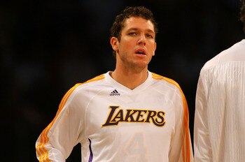 LOS ANGELES, CA - DECEMBER 25:  Luke Walton #4 of the Los Angeles Lakers warms up prior to their NBA game against the Miami Heat at Staples Center on December 25, 2010 in Los Angeles, California. The Heat defeated the Lakers 96-80. NOTE TO USER: User expr