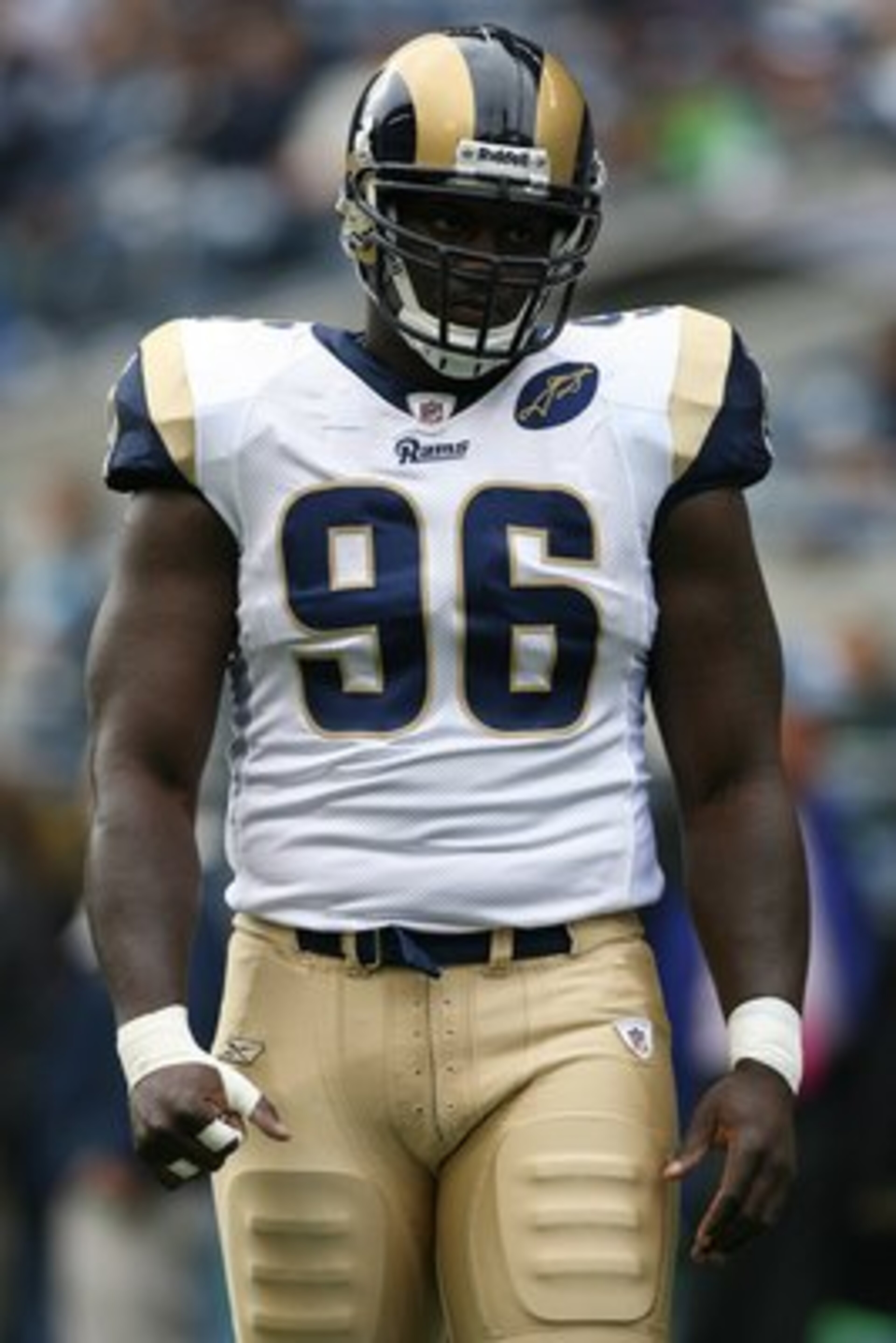 SEATTLE - SEPTEMBER 21:  James Hall #96 of the St. Louis Rams looks on before the game against the Seattle Seahawks on September 21, 2008 at Qwest Field in Seattle, Washington. (Photo by Otto Greule Jr/Getty Images)