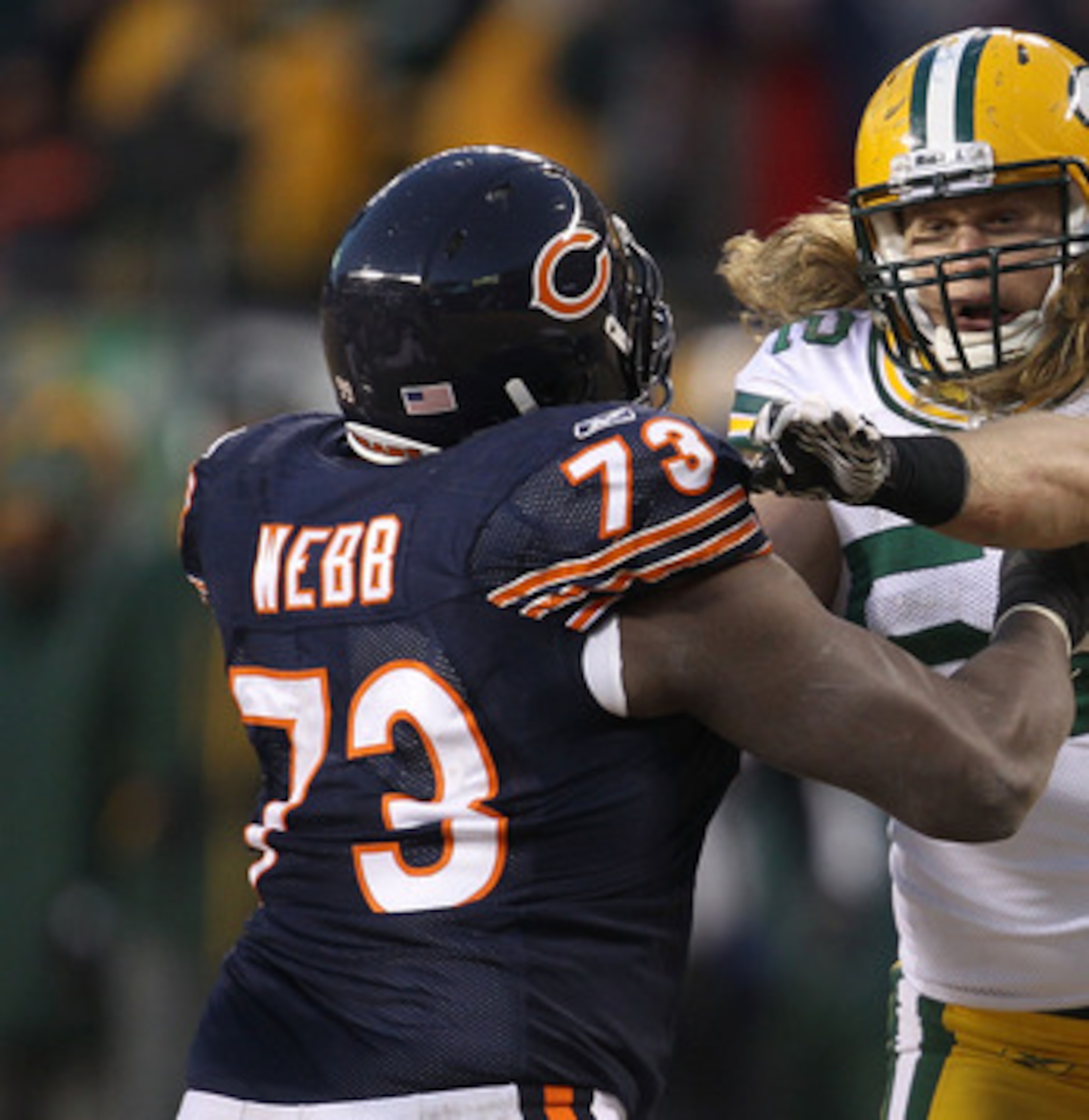 CHICAGO, IL - JANUARY 23:  Linebacker Clay Matthews #52 of the Green Bay Packers is blocked by J'Marcus Webb #73 of the Chicago Bears in the NFC Championship Game at Soldier Field on January 23, 2011 in Chicago, Illinois.  (Photo by Jonathan Daniel/Getty 