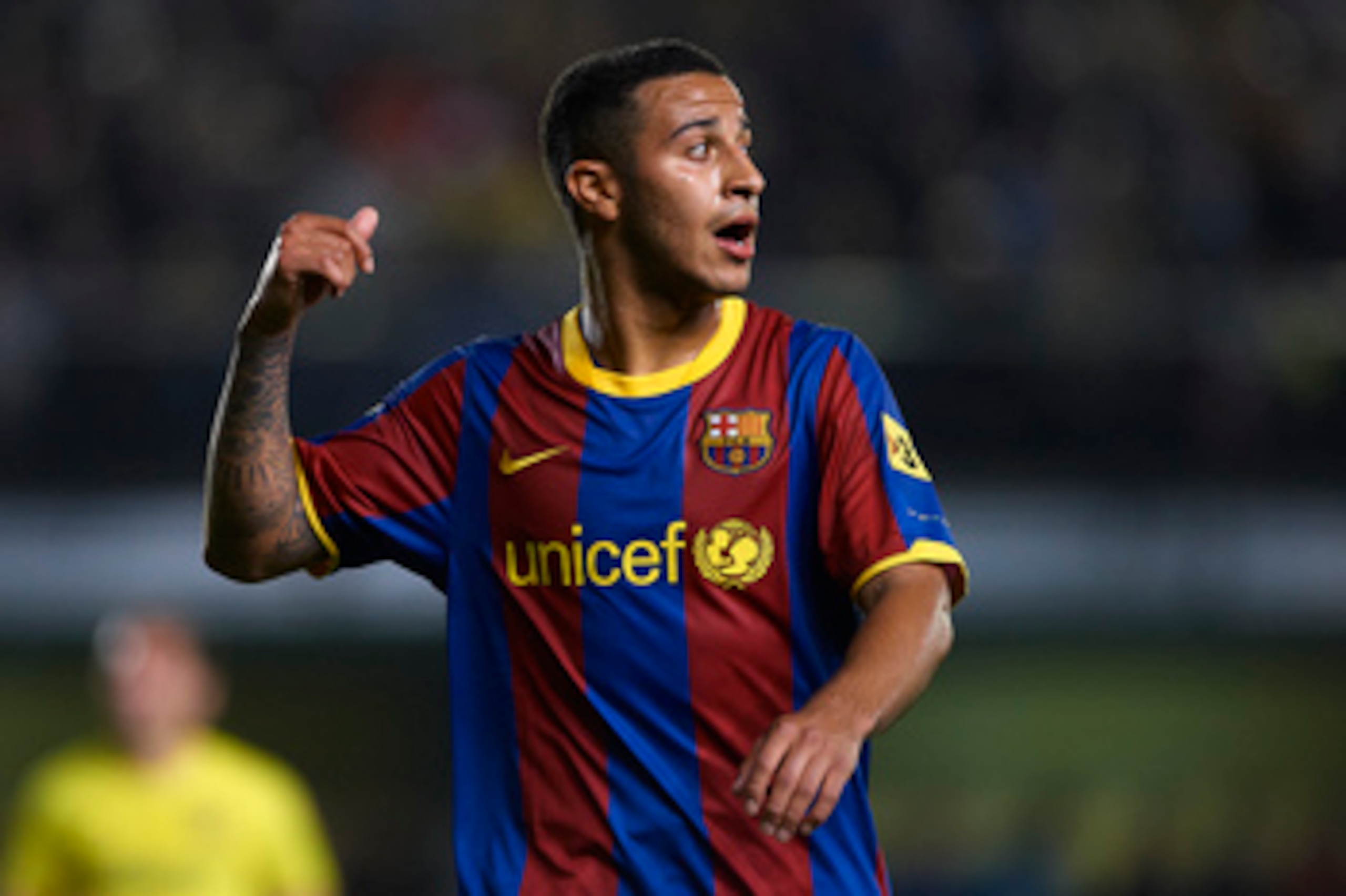 VILLARREAL, CASTELLON - APRIL 02:  Thiago of Barcelona reacts during the La Liga match between Villarreal and Barcelona at El Madrigal on April 2, 2011 in Villarreal, Spain. Barcelona won 1-0.  (Photo by Manuel Queimadelos Alonso/Getty Images)
