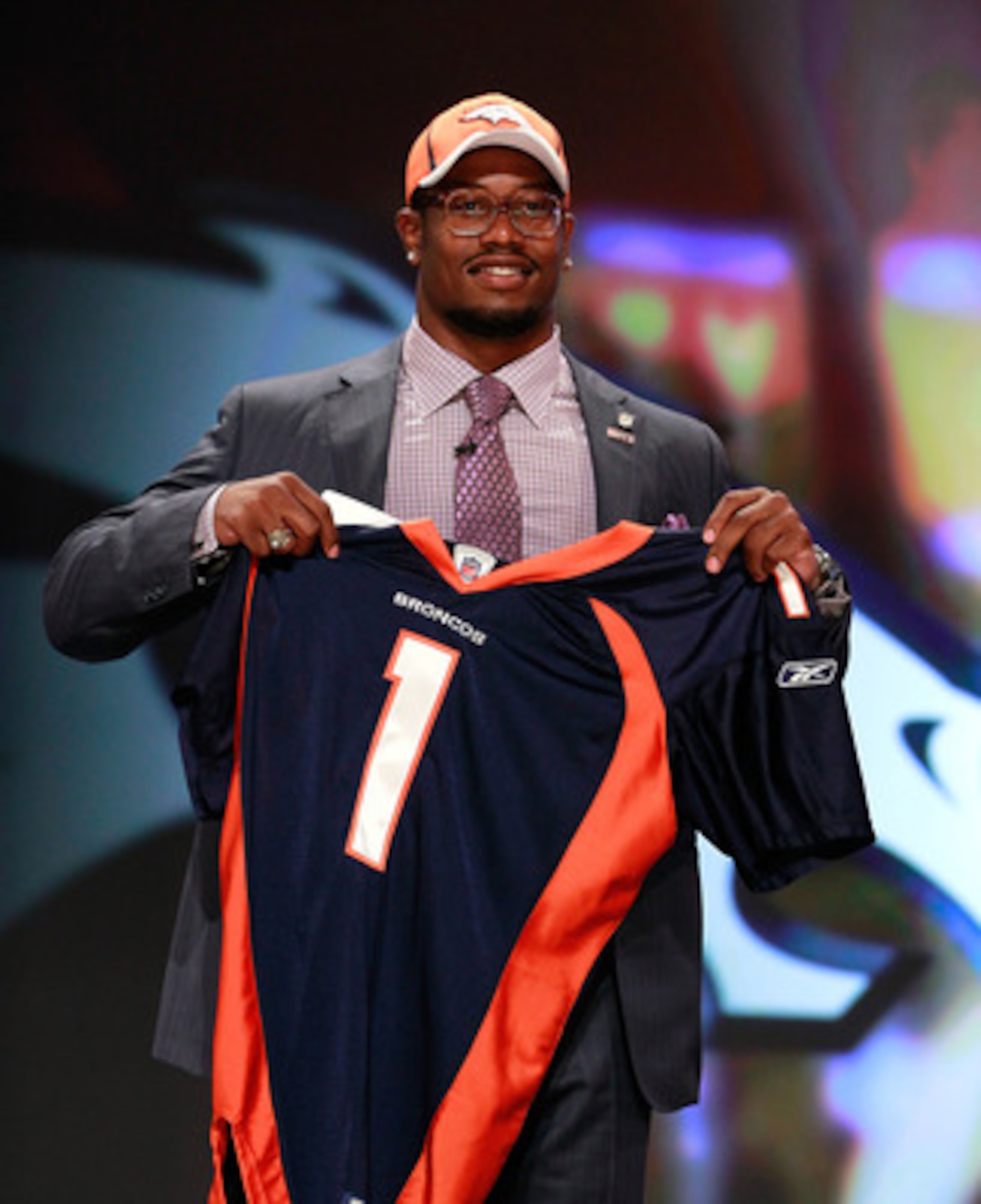 NEW YORK, NY - APRIL 28: Von Miller, #2 overall pick by the Denver Broncos holds up a jersey on stage during the 2011 NFL Draft at Radio City Music Hall on April 28, 2011 in New York City. (Photo by Chris Trotman/Getty Images) NEW YORK, NY - APRIL 28: Von Miller, #2 overall pick by the Denver Broncos holds up a jersey on stage during the 2011 NFL Draft at Radio City Music Hall on April 28, 2011 in New York City. (Photo by Chris Trotman/Getty Images)